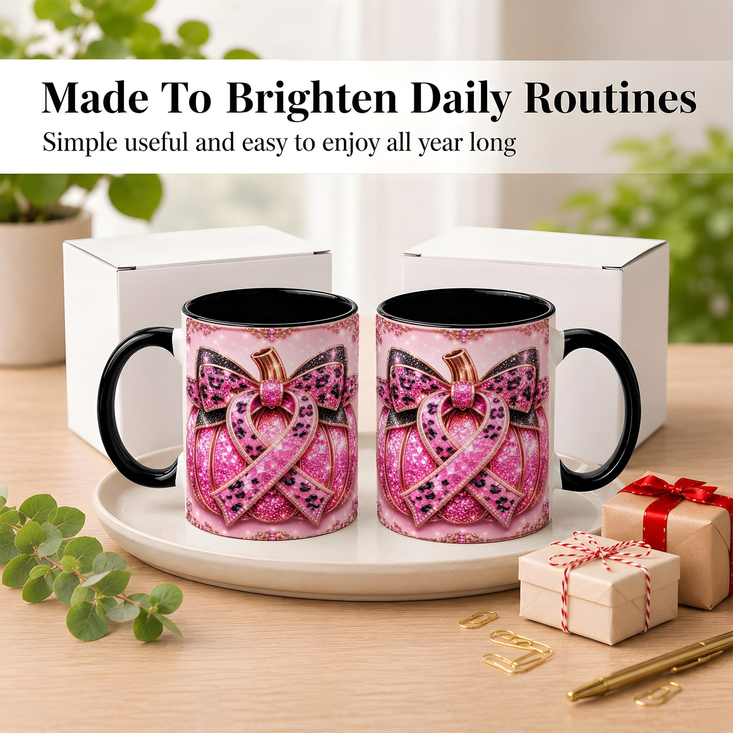 #pl[11oz|Black] Pink Ribbon Pumpkin Coffee Mug, Awareness Mug, Ceramic Cup