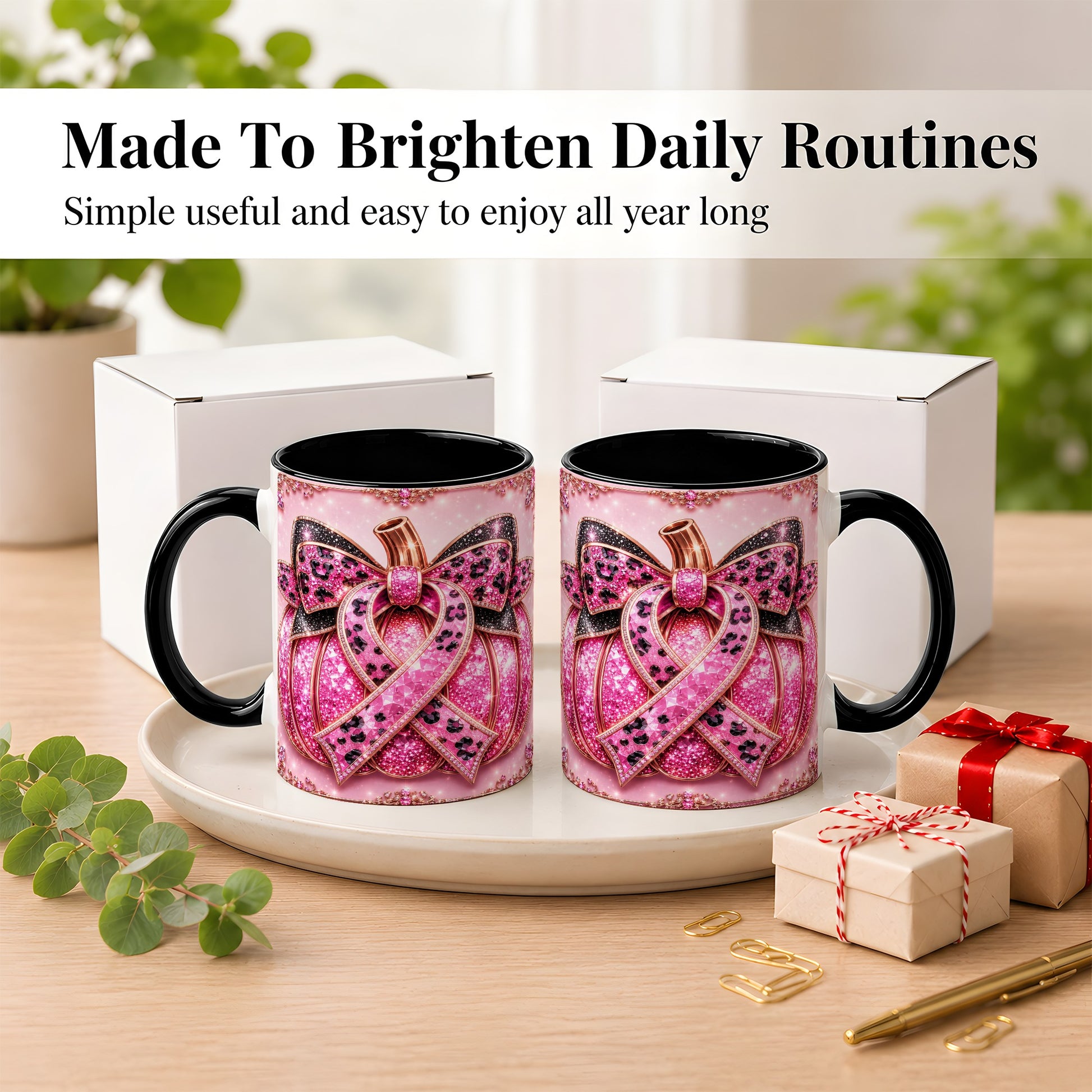 #pl[11oz|Black] Pink Ribbon Pumpkin Coffee Mug, Awareness Mug, Ceramic Cup