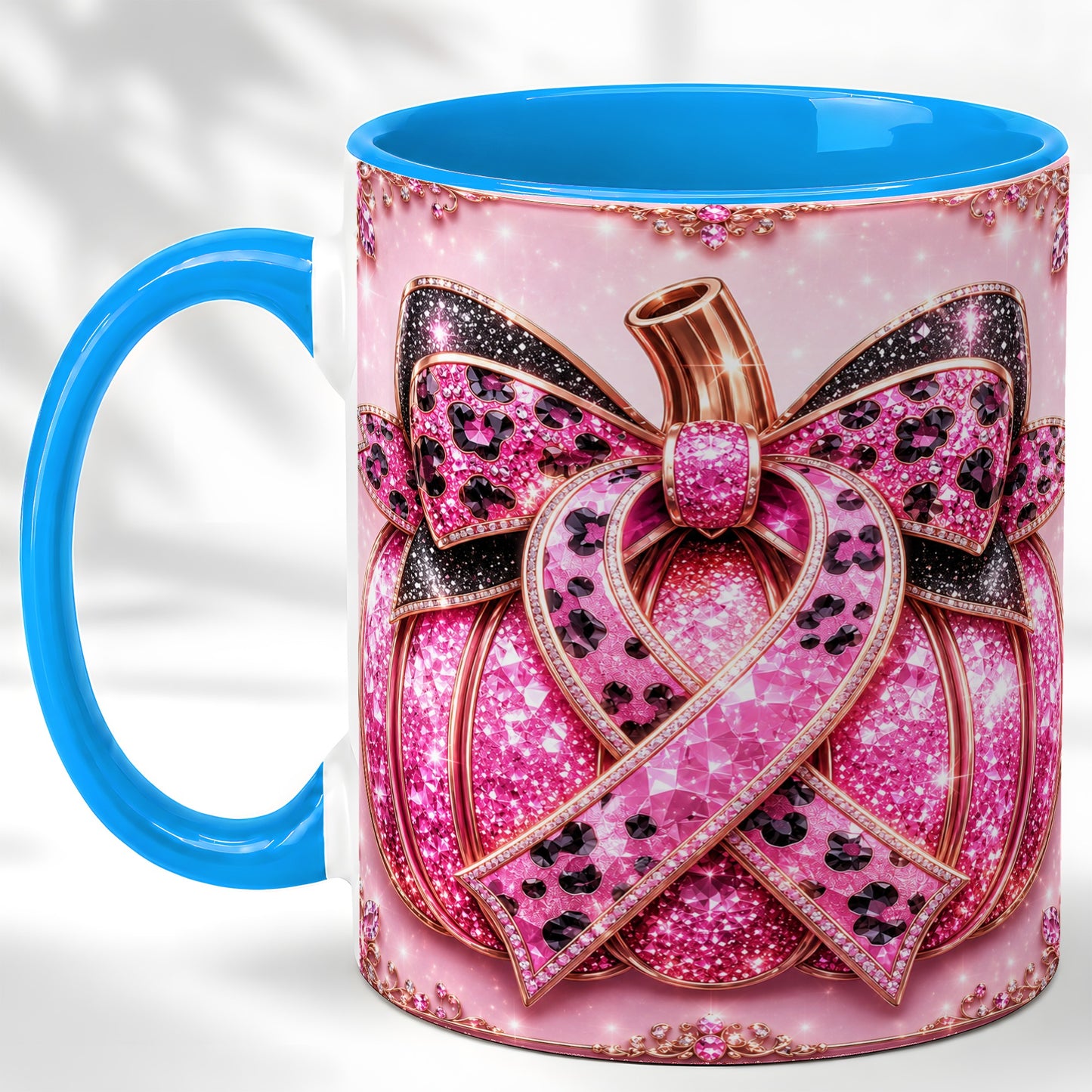 #pl[11oz|Blue] Pink Ribbon Pumpkin Coffee Mug, Awareness Mug, Ceramic Cup
