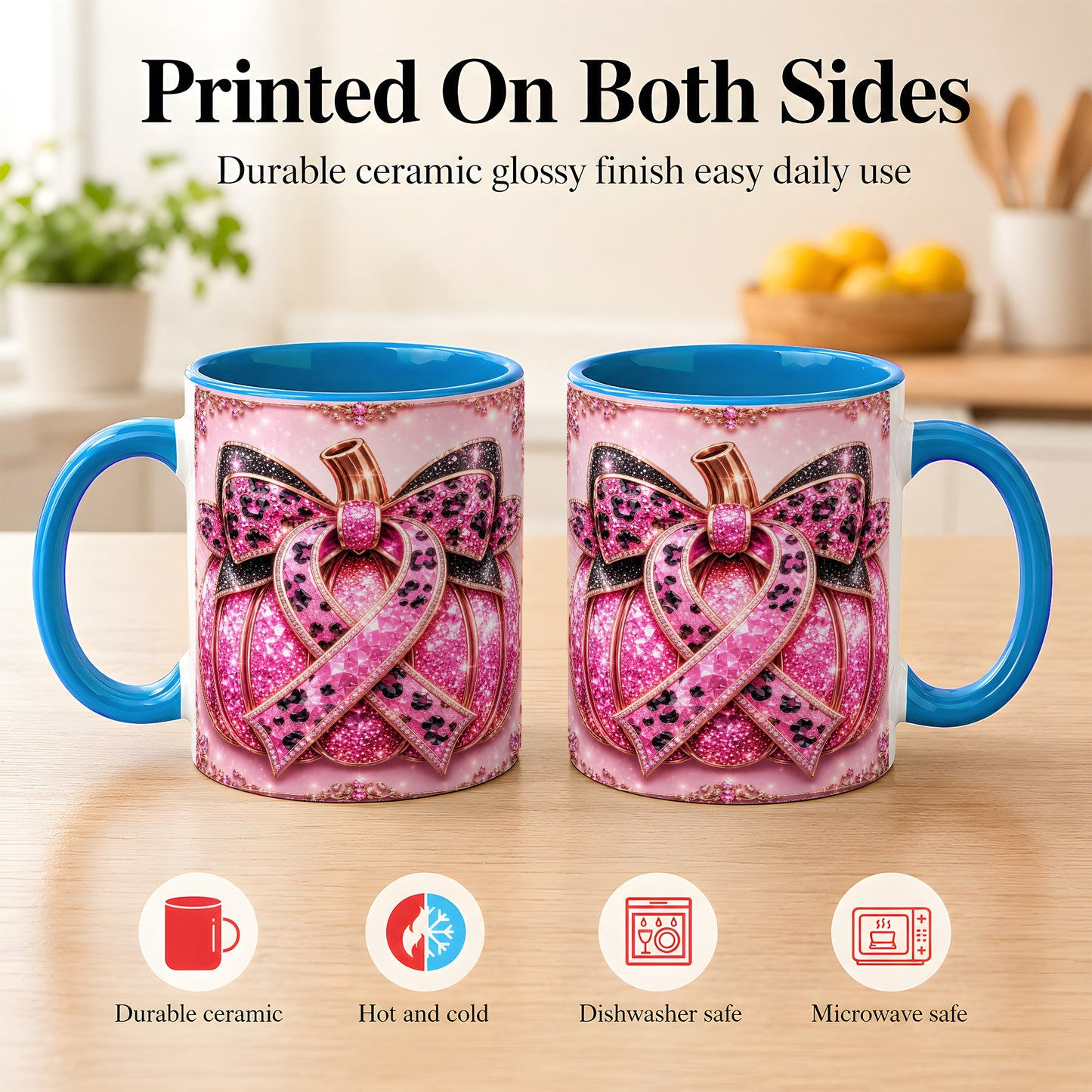 #pl[11oz|Blue] Pink Ribbon Pumpkin Coffee Mug, Awareness Mug, Ceramic Cup