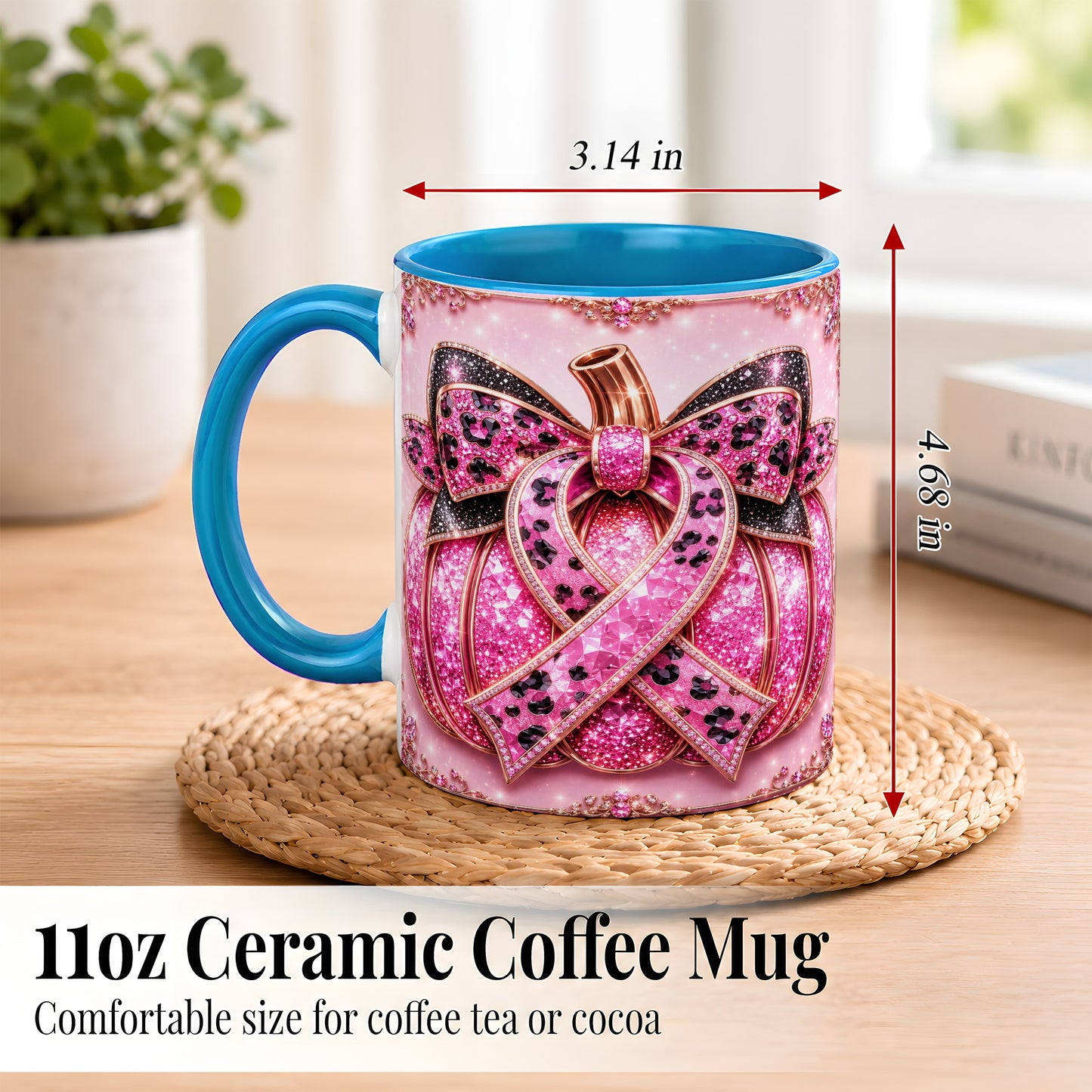 #pl[11oz|Blue] Pink Ribbon Pumpkin Coffee Mug, Awareness Mug, Ceramic Cup