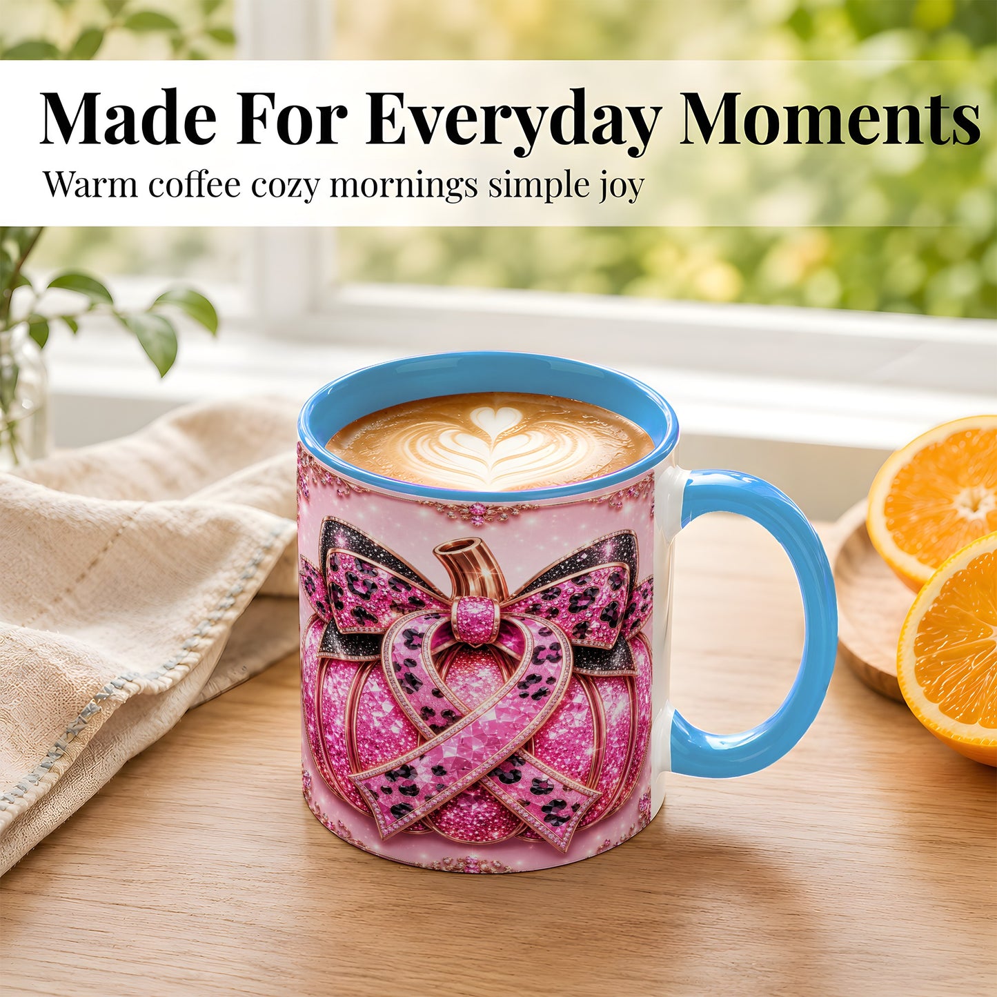 #pl[11oz|Blue] Pink Ribbon Pumpkin Coffee Mug, Awareness Mug, Ceramic Cup