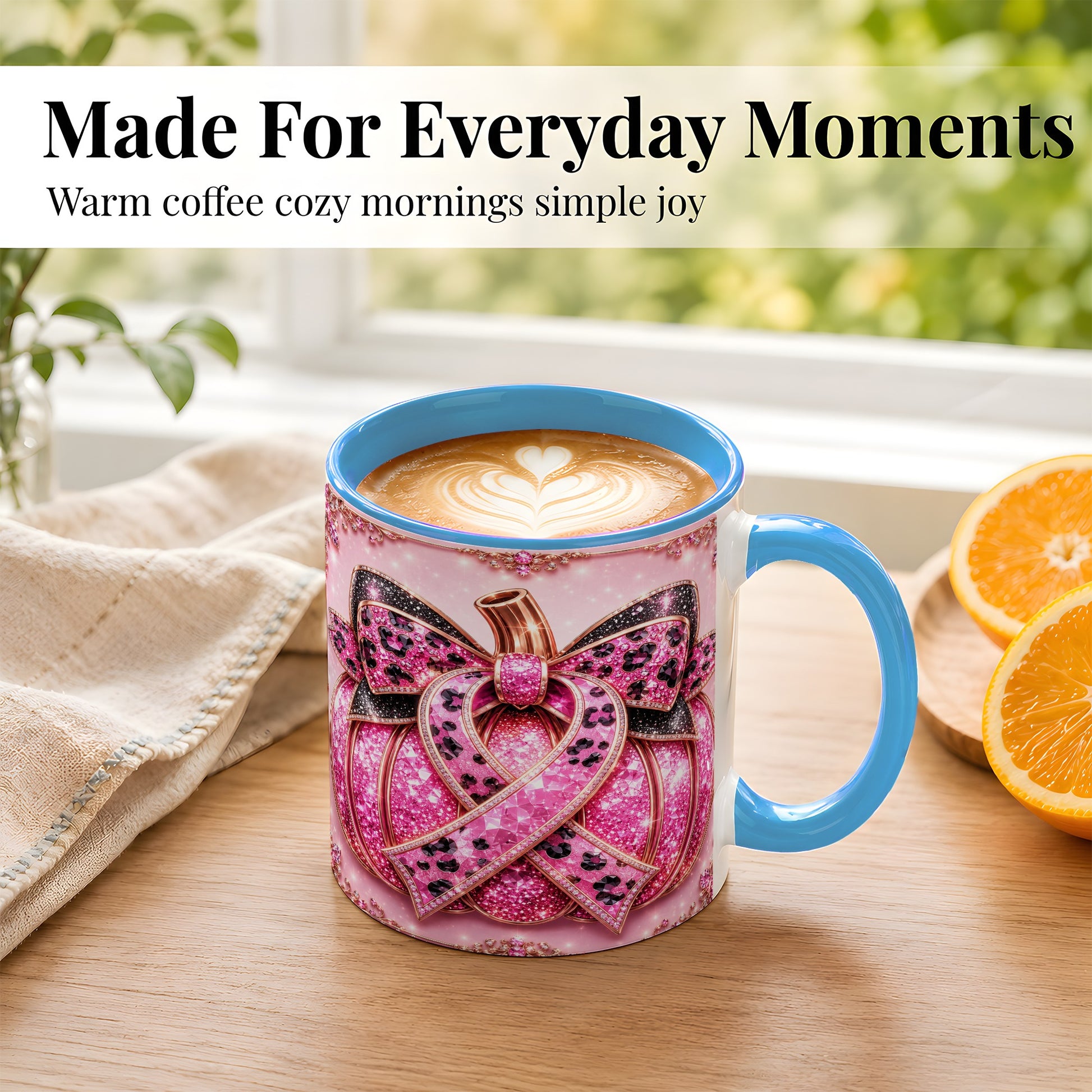 #pl[11oz|Blue] Pink Ribbon Pumpkin Coffee Mug, Awareness Mug, Ceramic Cup