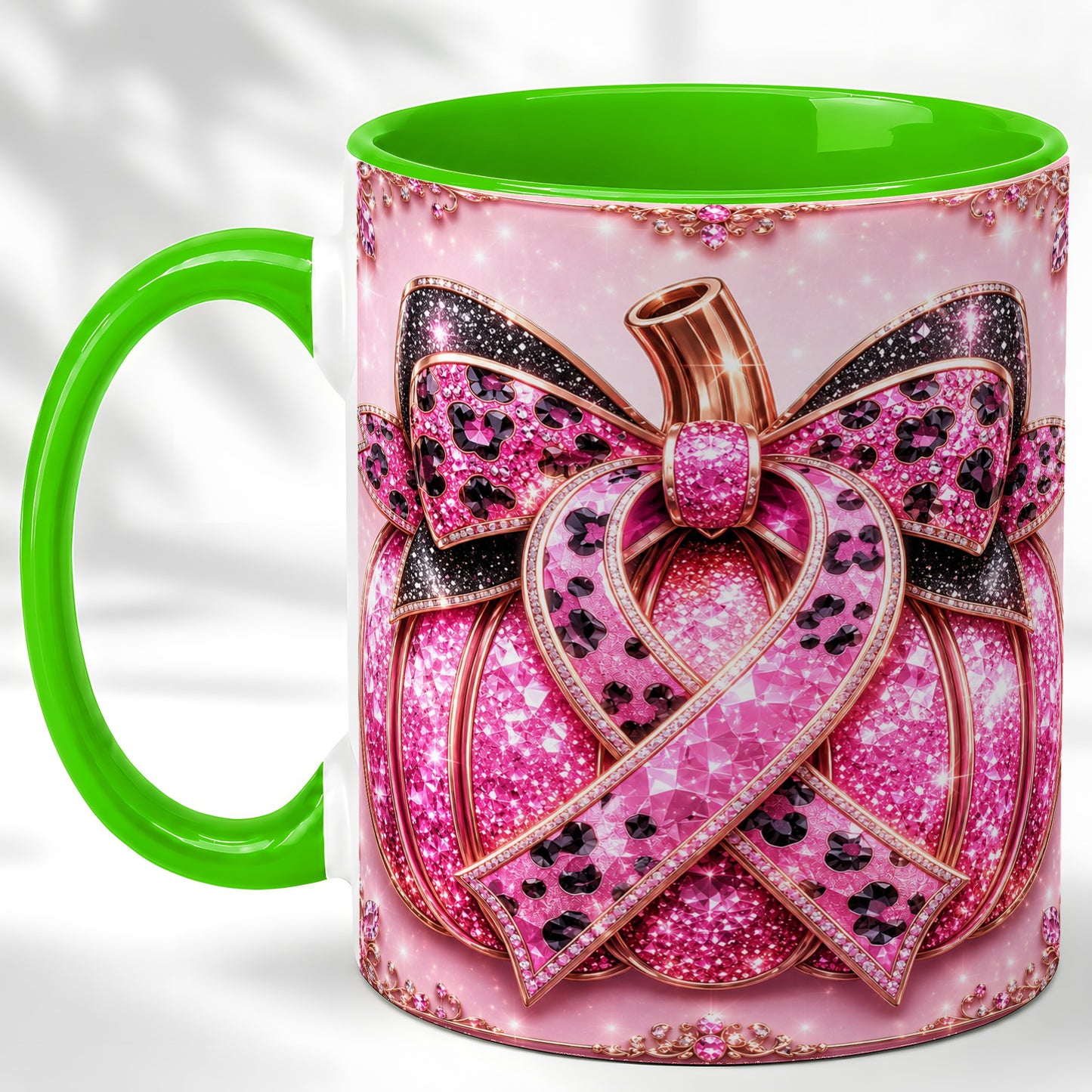 #pl[11oz|Green] Pink Ribbon Pumpkin Coffee Mug, Awareness Mug, Ceramic Cup