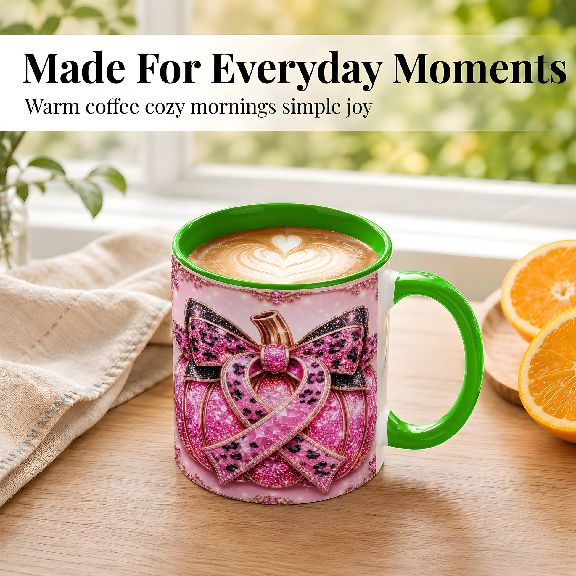#pl[11oz|Green] Pink Ribbon Pumpkin Coffee Mug, Awareness Mug, Ceramic Cup