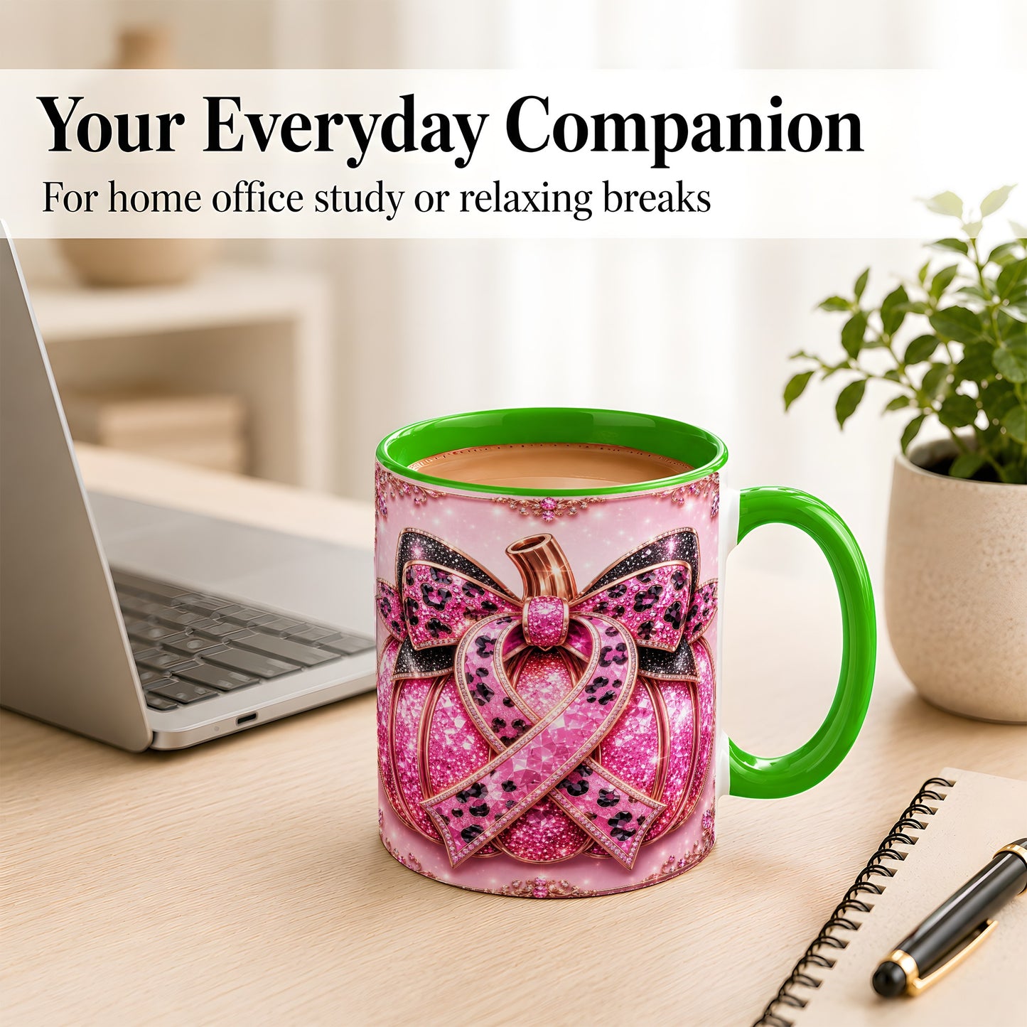 #pl[11oz|Green] Pink Ribbon Pumpkin Coffee Mug, Awareness Mug, Ceramic Cup
