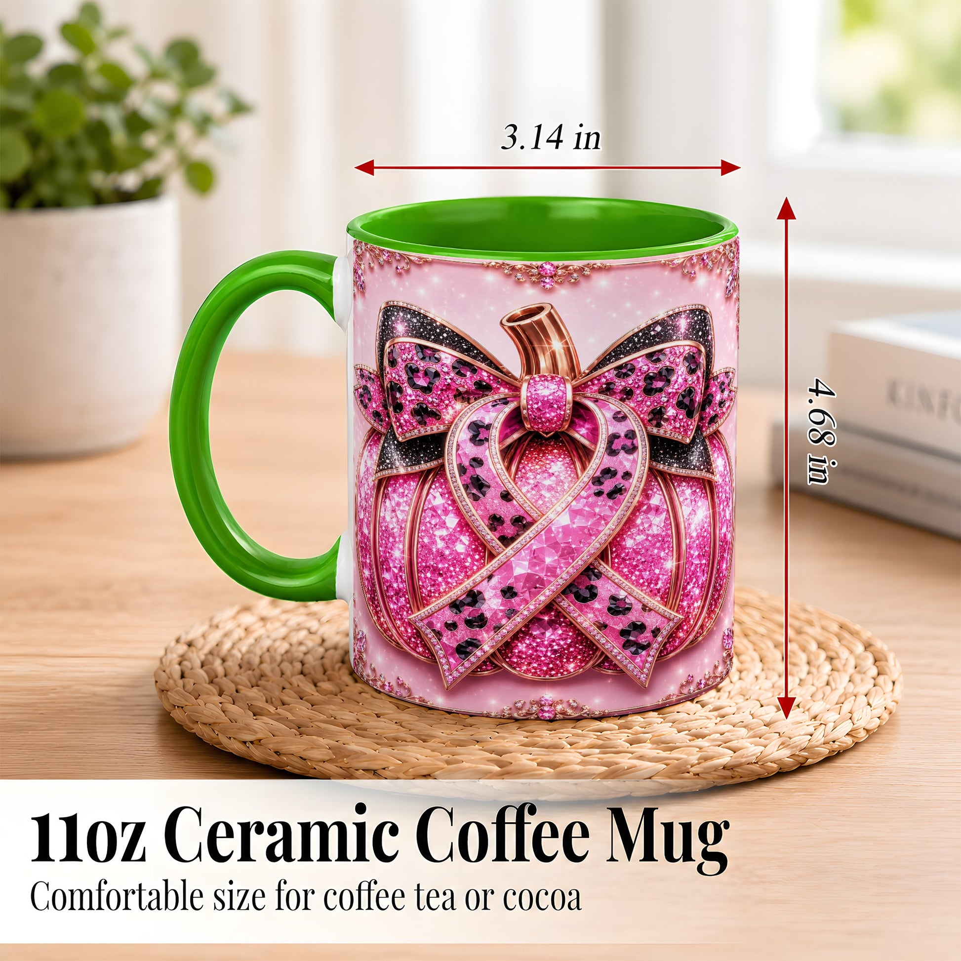 #pl[11oz|Green] Pink Ribbon Pumpkin Coffee Mug, Awareness Mug, Ceramic Cup