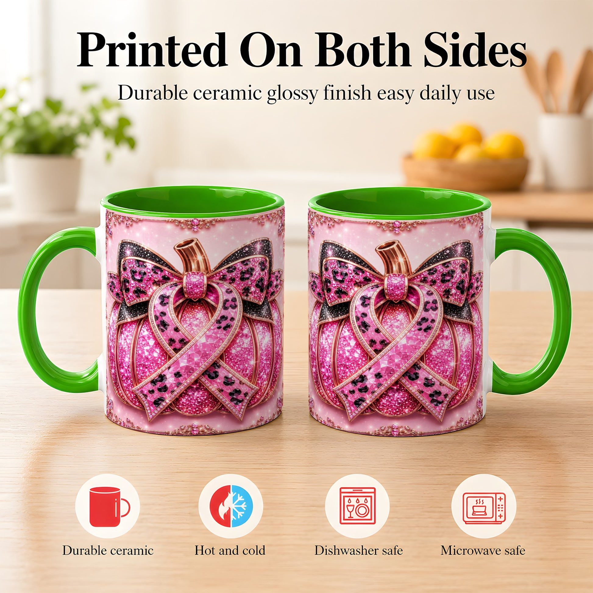 #pl[11oz|Green] Pink Ribbon Pumpkin Coffee Mug, Awareness Mug, Ceramic Cup