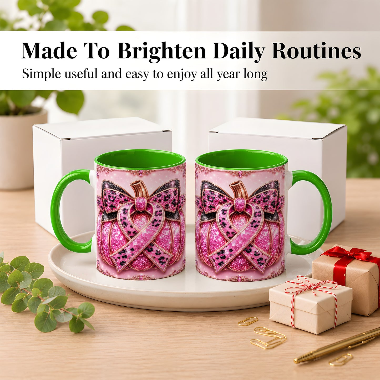 #pl[11oz|Green] Pink Ribbon Pumpkin Coffee Mug, Awareness Mug, Ceramic Cup