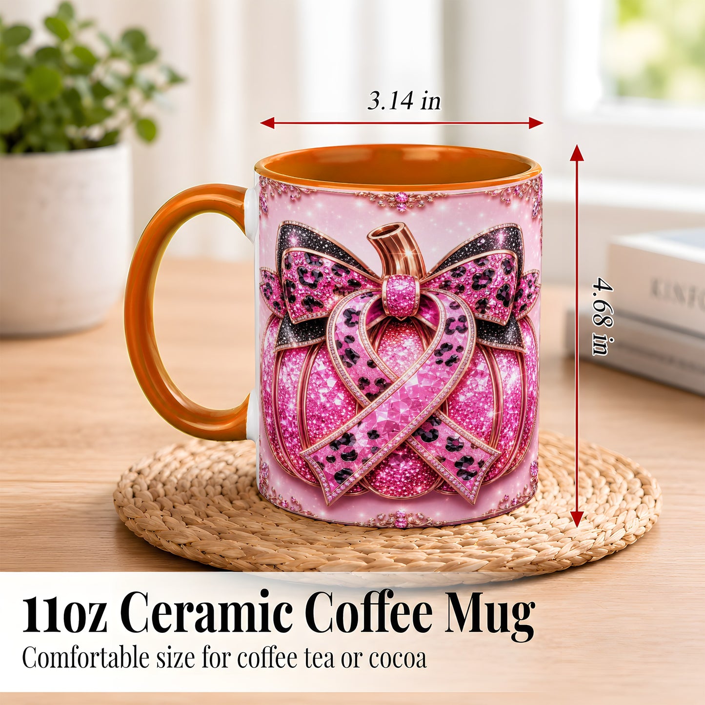 #pl[11oz|Orange] Pink Ribbon Pumpkin Coffee Mug, Awareness Mug, Ceramic Cup