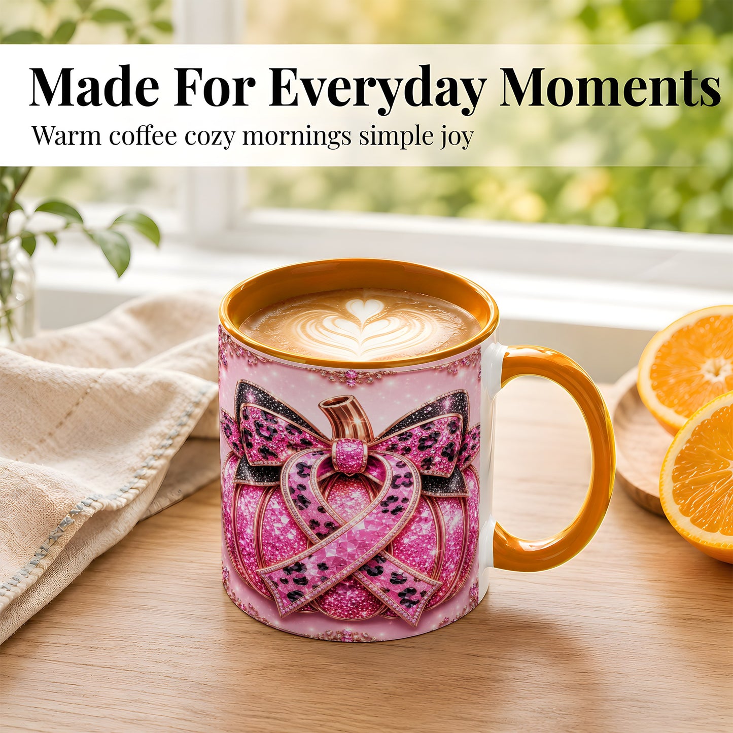 #pl[11oz|Orange] Pink Ribbon Pumpkin Coffee Mug, Awareness Mug, Ceramic Cup