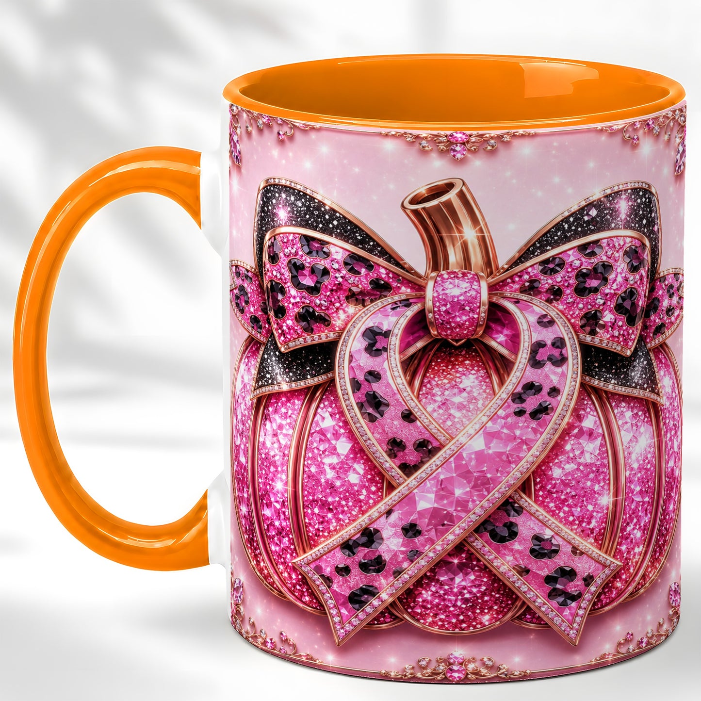 #pl[11oz|Orange] Pink Ribbon Pumpkin Coffee Mug, Awareness Mug, Ceramic Cup
