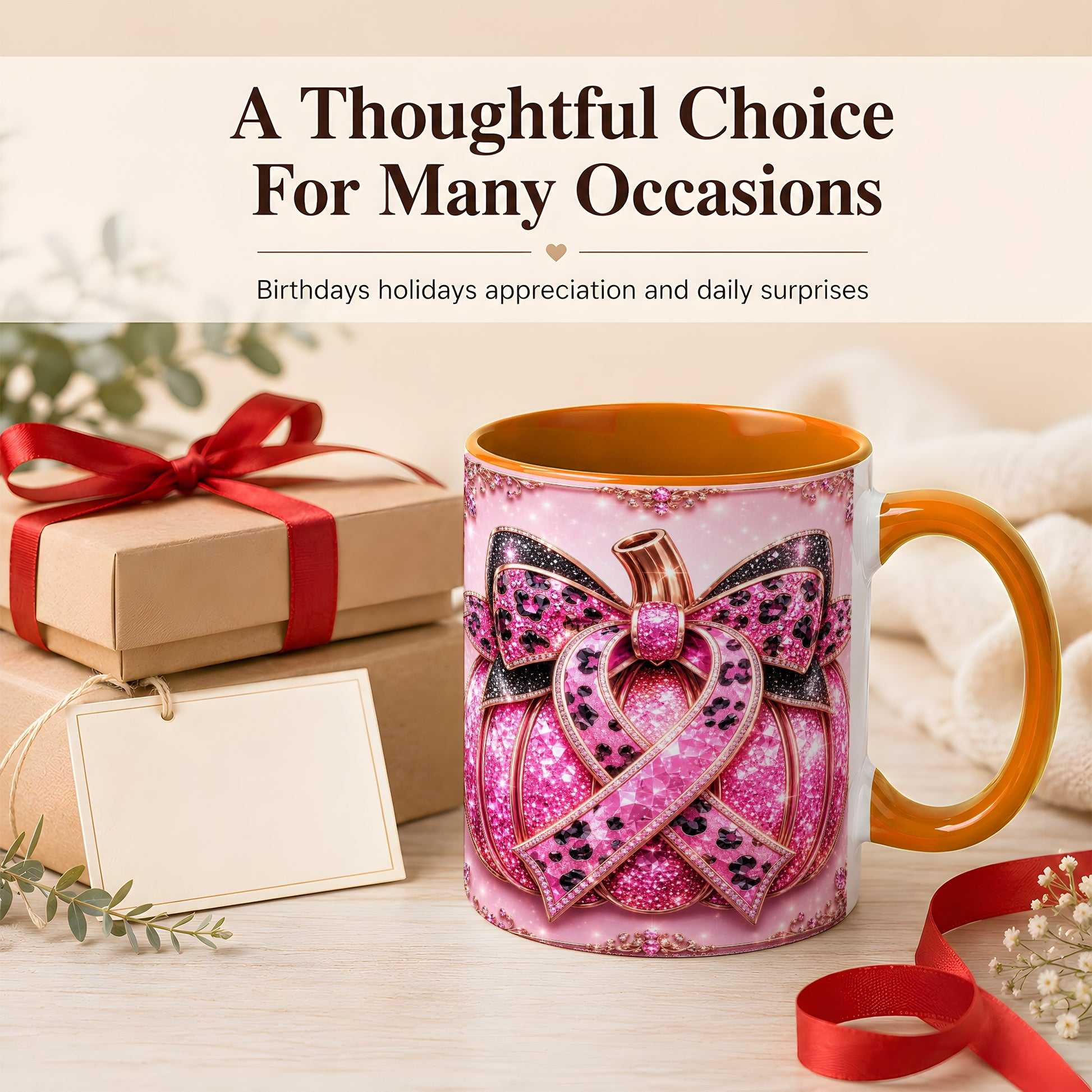 #pl[11oz|Orange] Pink Ribbon Pumpkin Coffee Mug, Awareness Mug, Ceramic Cup
