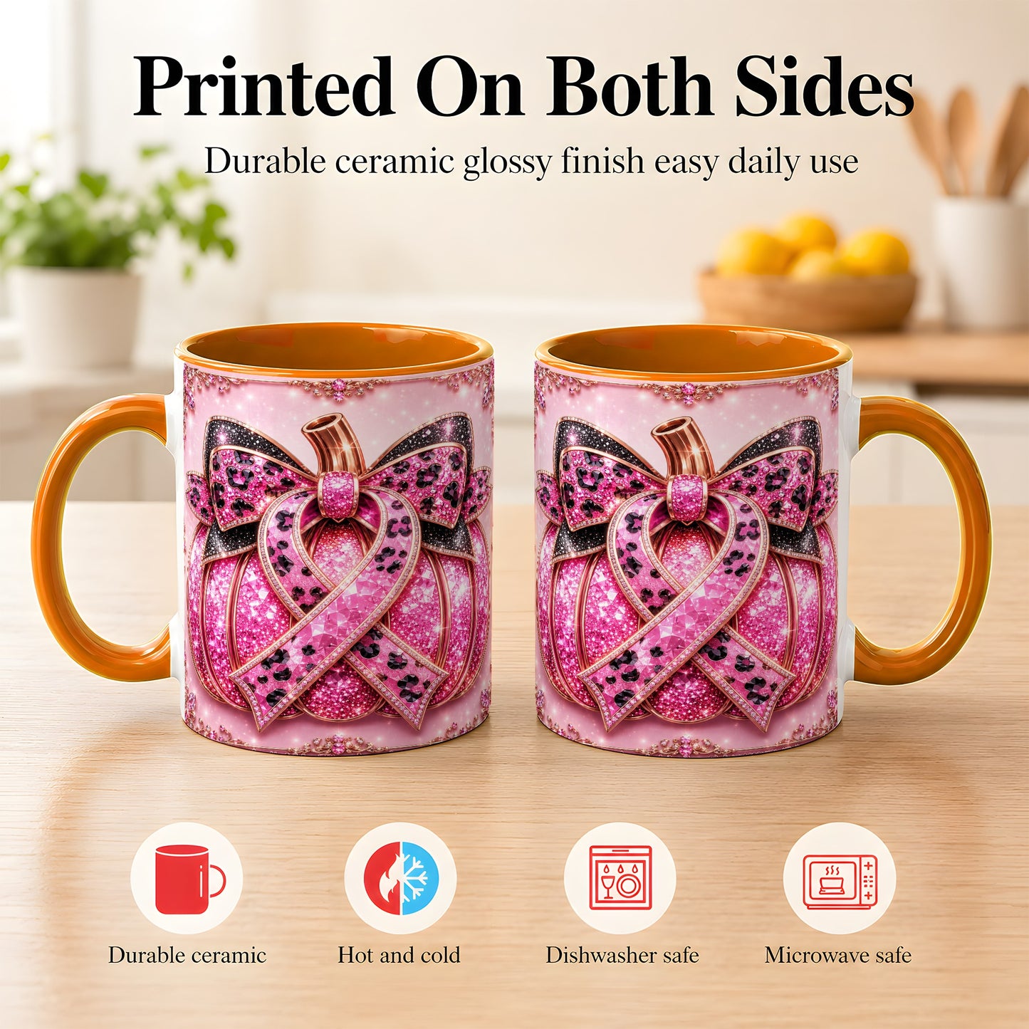 #pl[11oz|Orange] Pink Ribbon Pumpkin Coffee Mug, Awareness Mug, Ceramic Cup