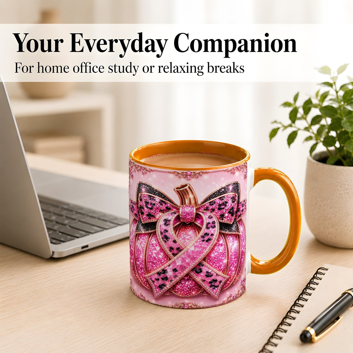 #pl[11oz|Orange] Pink Ribbon Pumpkin Coffee Mug, Awareness Mug, Ceramic Cup