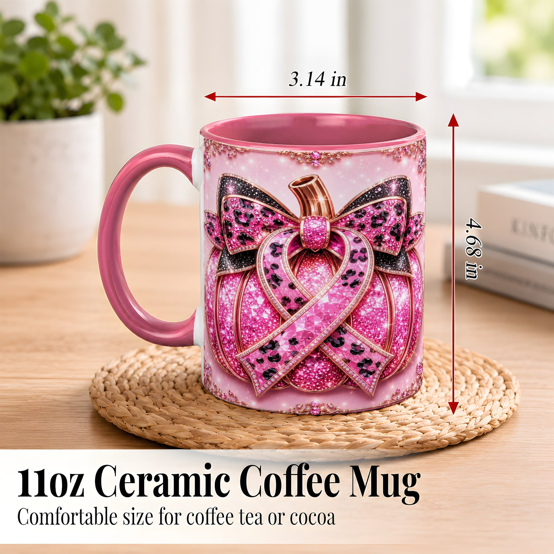 #pl[11oz|Pink] Pink Ribbon Pumpkin Coffee Mug, Awareness Mug, Ceramic Cup