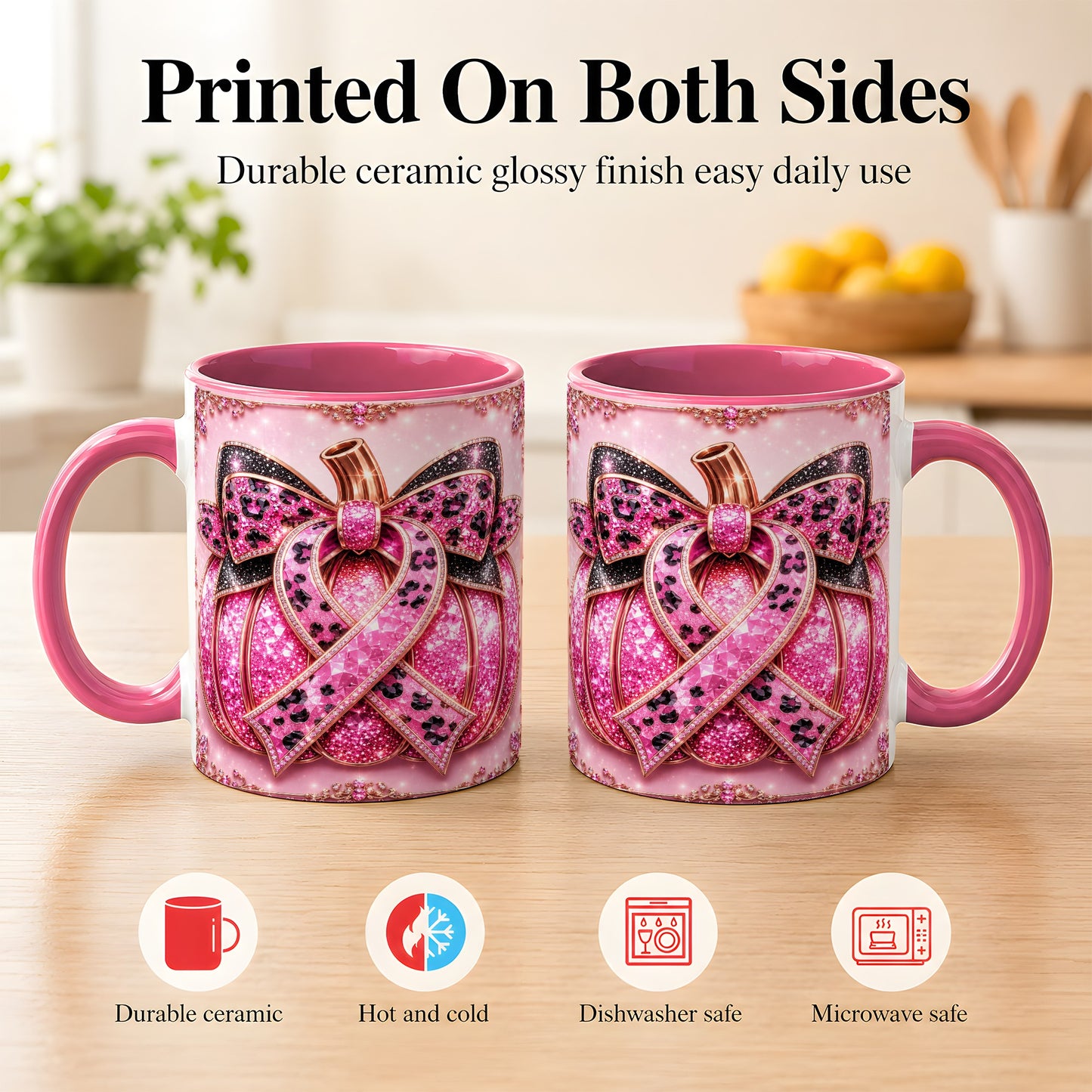 #pl[11oz|Pink] Pink Ribbon Pumpkin Coffee Mug, Awareness Mug, Ceramic Cup