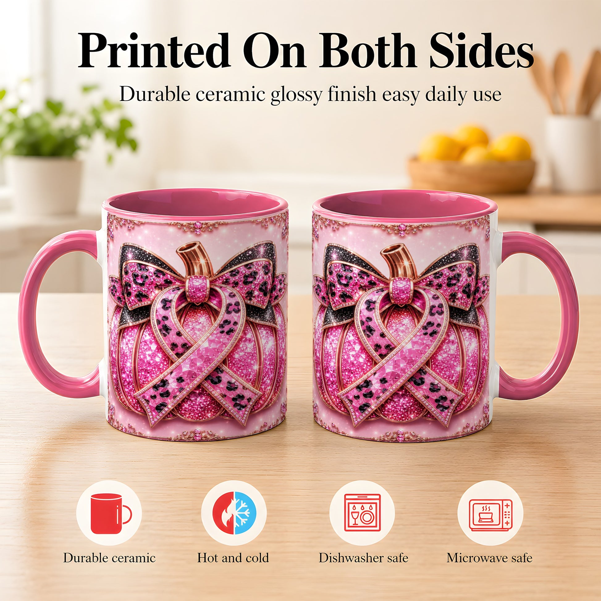 #pl[11oz|Pink] Pink Ribbon Pumpkin Coffee Mug, Awareness Mug, Ceramic Cup