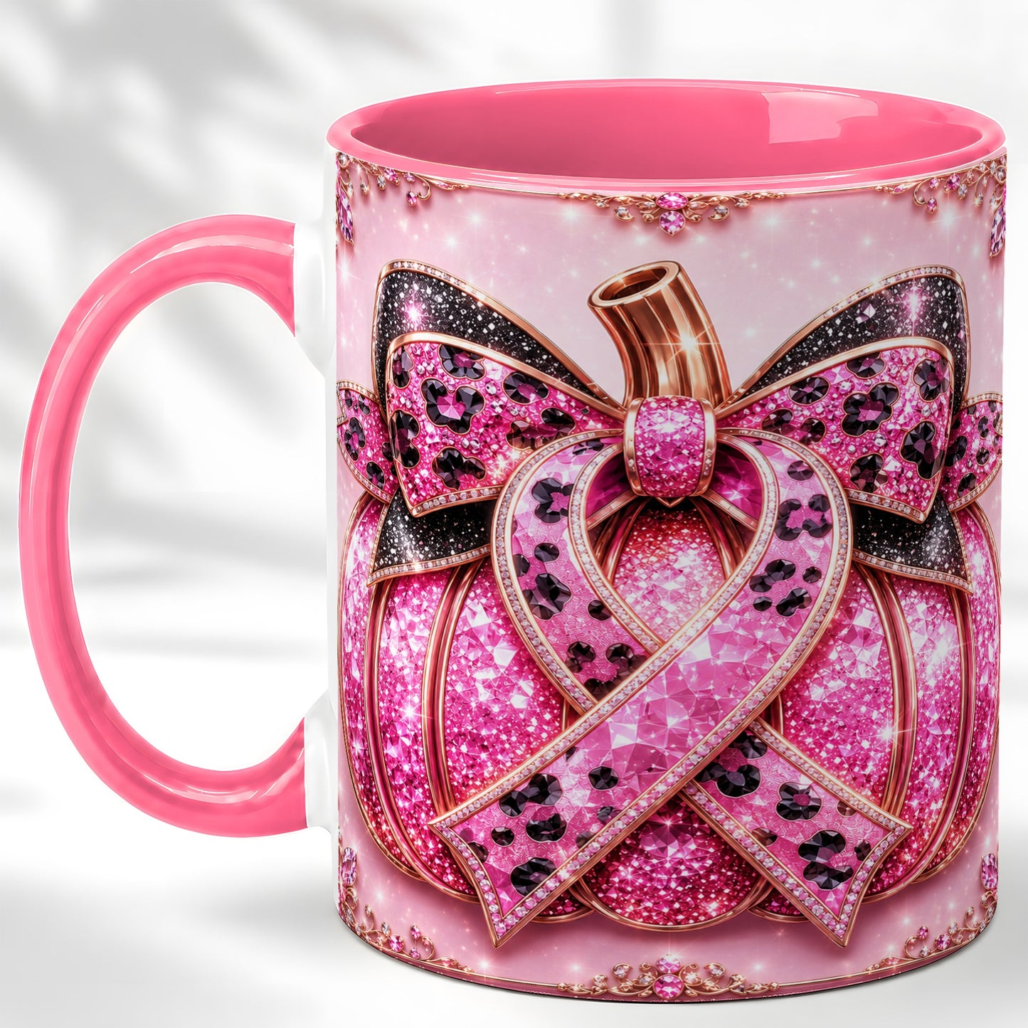 #pl[11oz|Pink] Pink Ribbon Pumpkin Coffee Mug, Awareness Mug, Ceramic Cup