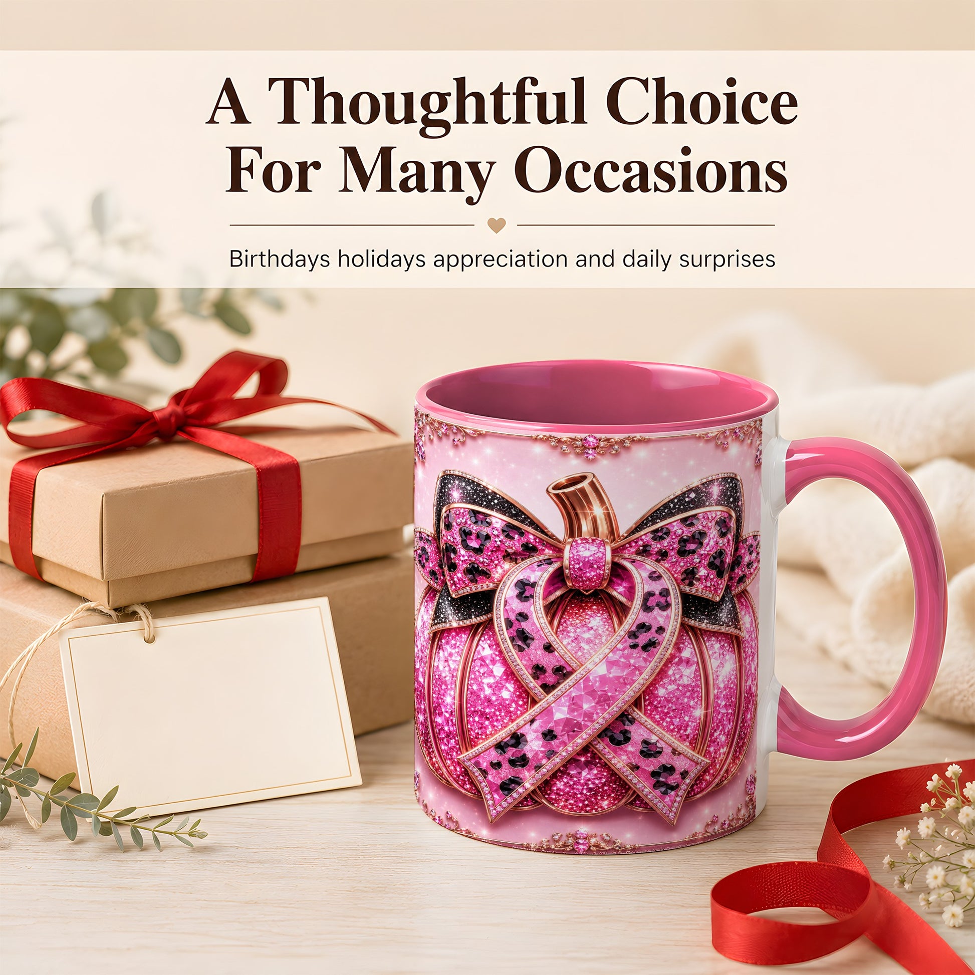 #pl[11oz|Pink] Pink Ribbon Pumpkin Coffee Mug, Awareness Mug, Ceramic Cup