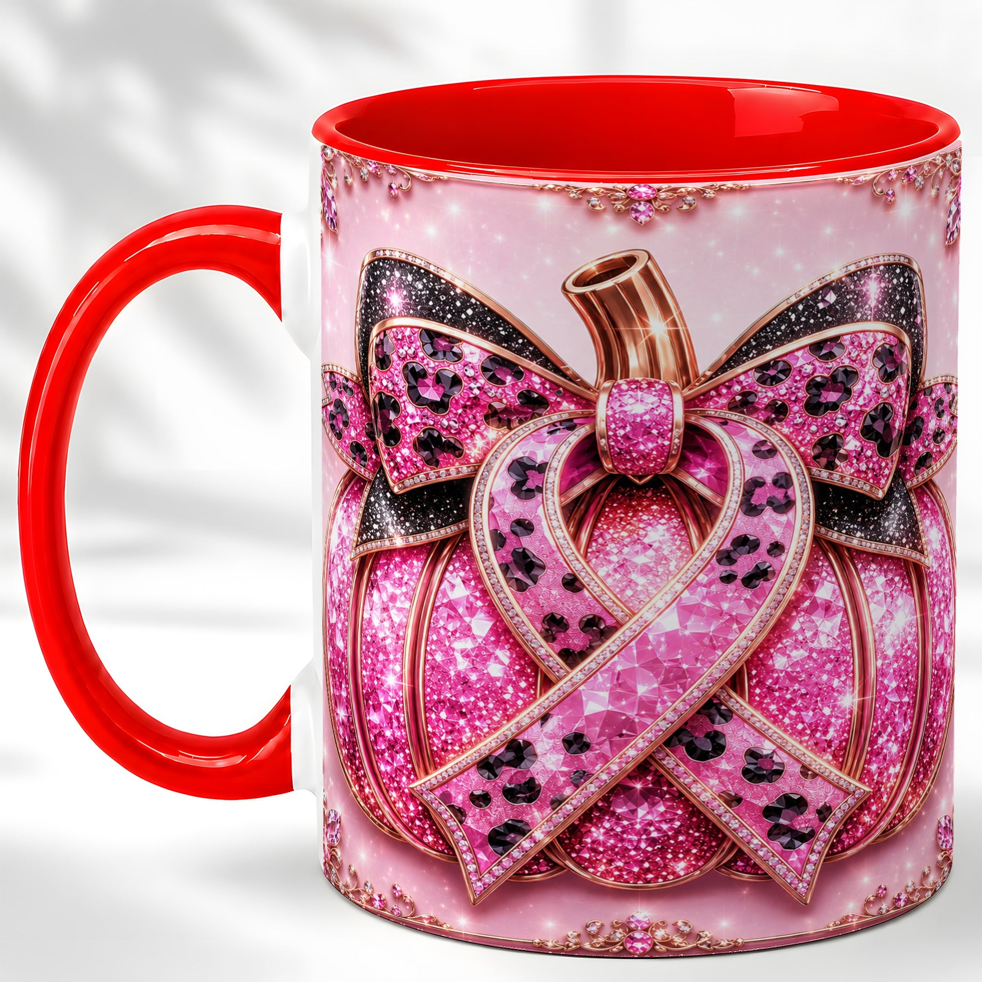 #pl[11oz|Red] Pink Ribbon Pumpkin Coffee Mug, Awareness Mug, Ceramic Cup
