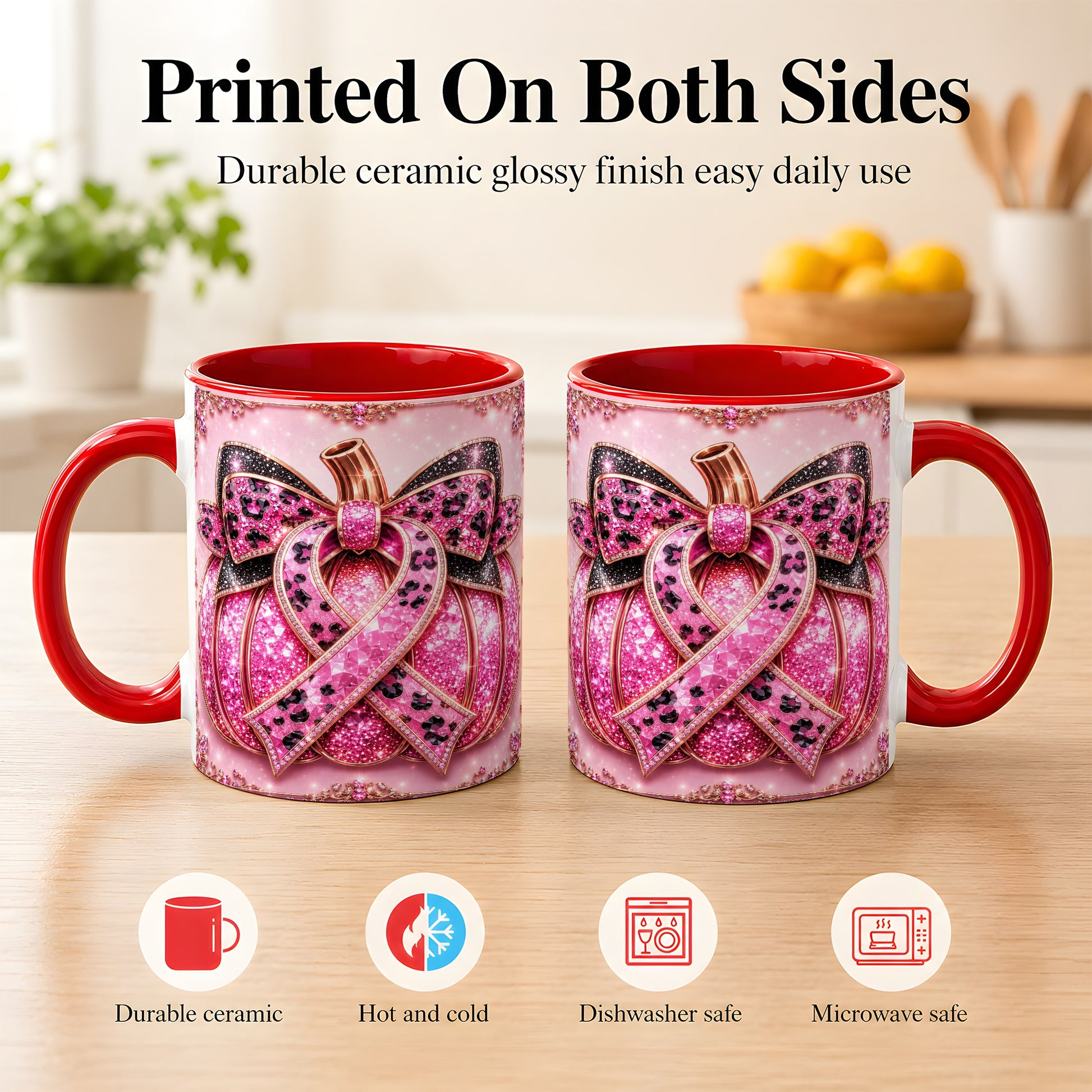 #pl[11oz|Red] Pink Ribbon Pumpkin Coffee Mug, Awareness Mug, Ceramic Cup