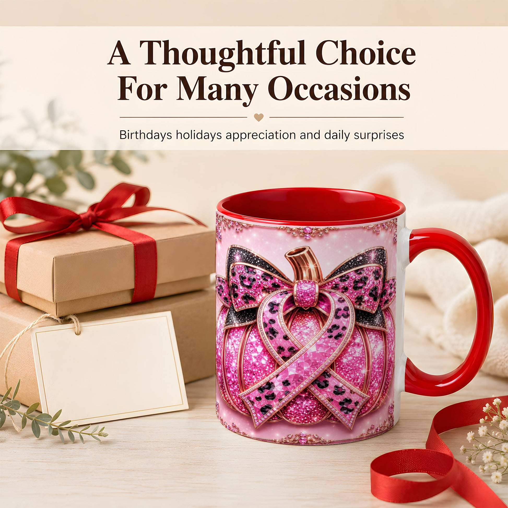 #pl[11oz|Red] Pink Ribbon Pumpkin Coffee Mug, Awareness Mug, Ceramic Cup