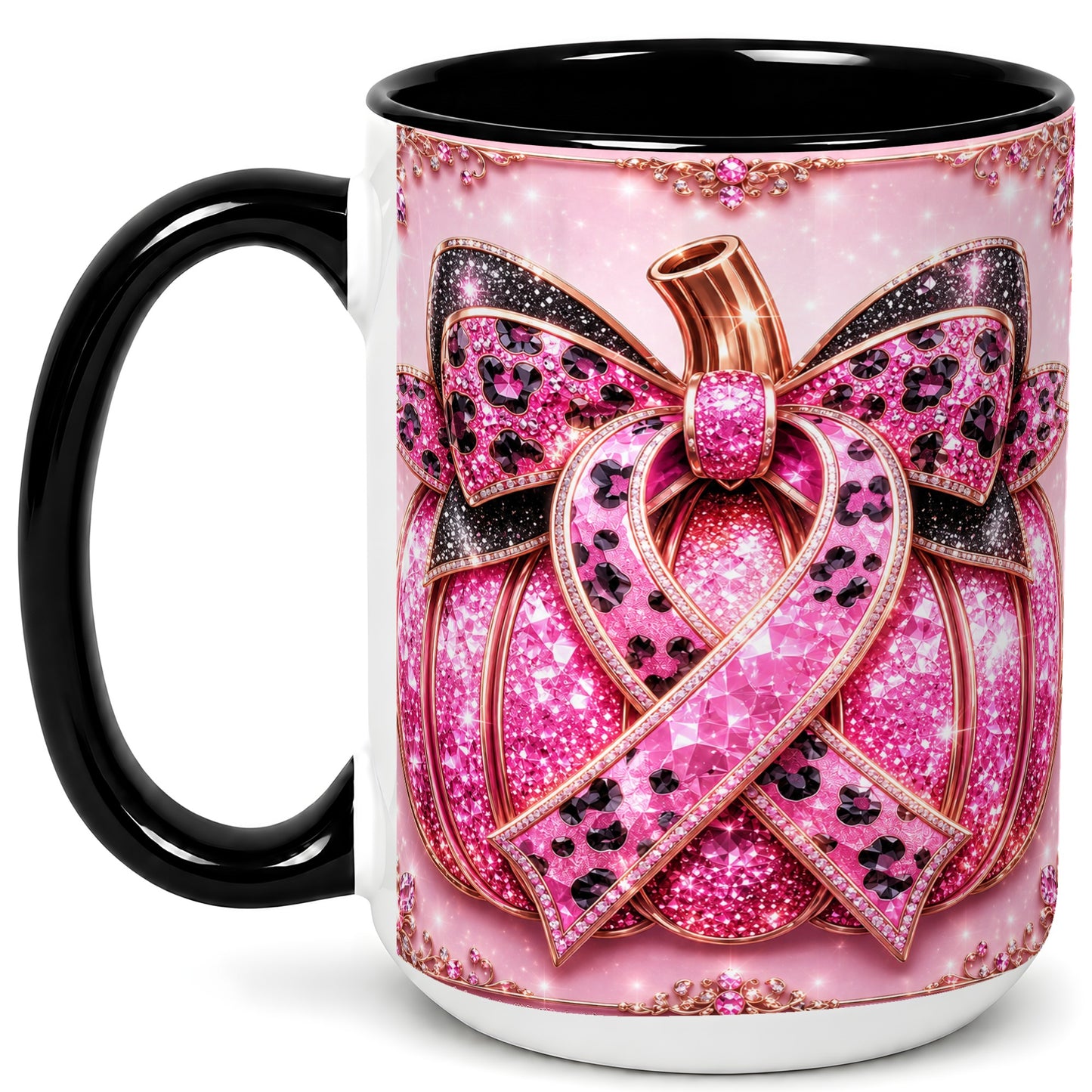#pl[15oz|Black] Pink Ribbon Pumpkin Coffee Mug, Awareness Mug, Ceramic Cup