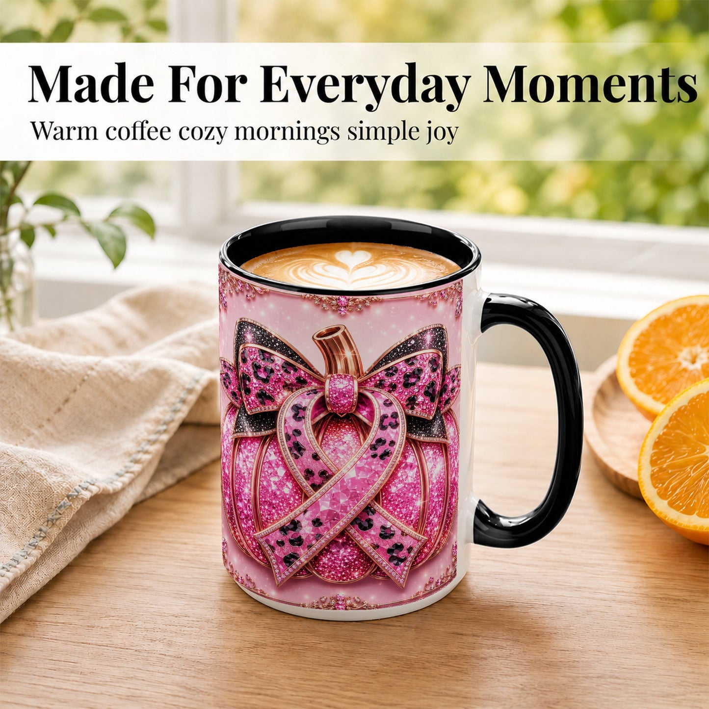 #pl[15oz|Black] Pink Ribbon Pumpkin Coffee Mug, Awareness Mug, Ceramic Cup