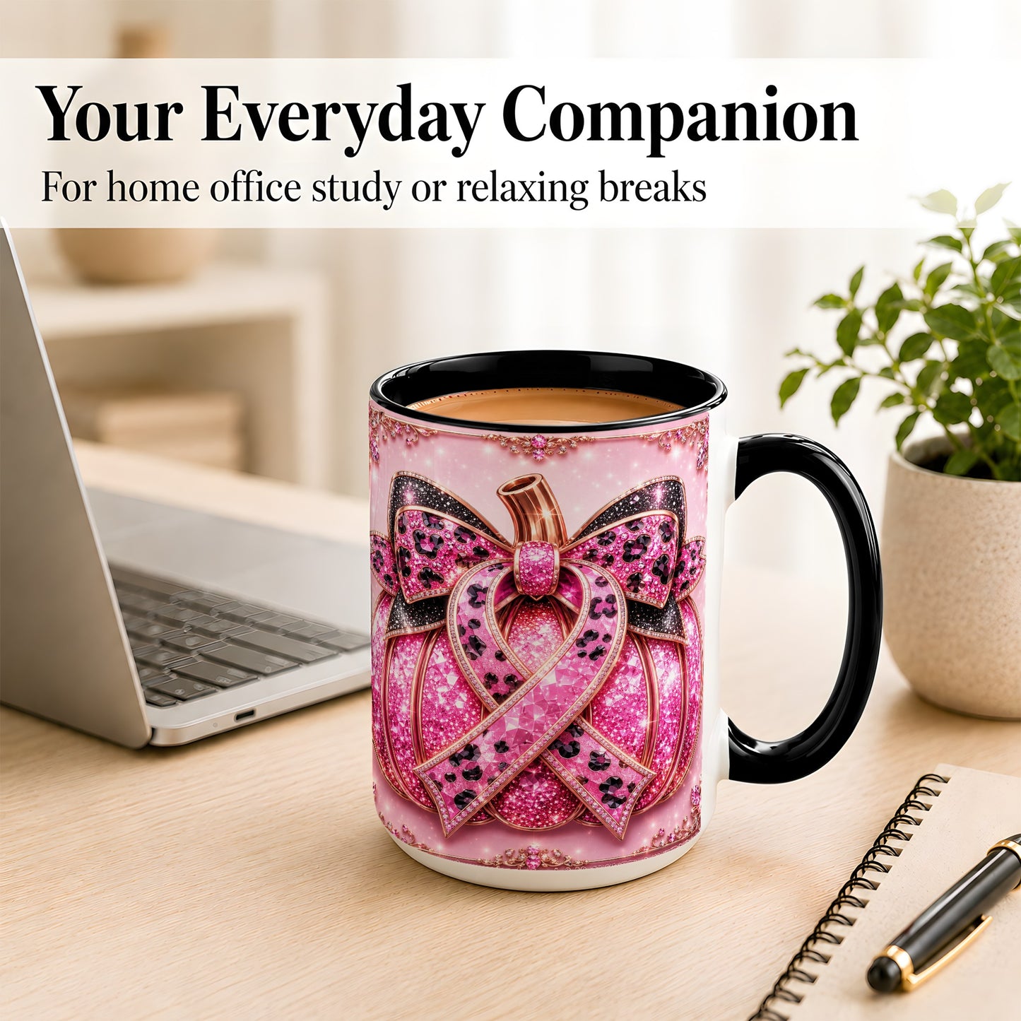 #pl[15oz|Black] Pink Ribbon Pumpkin Coffee Mug, Awareness Mug, Ceramic Cup