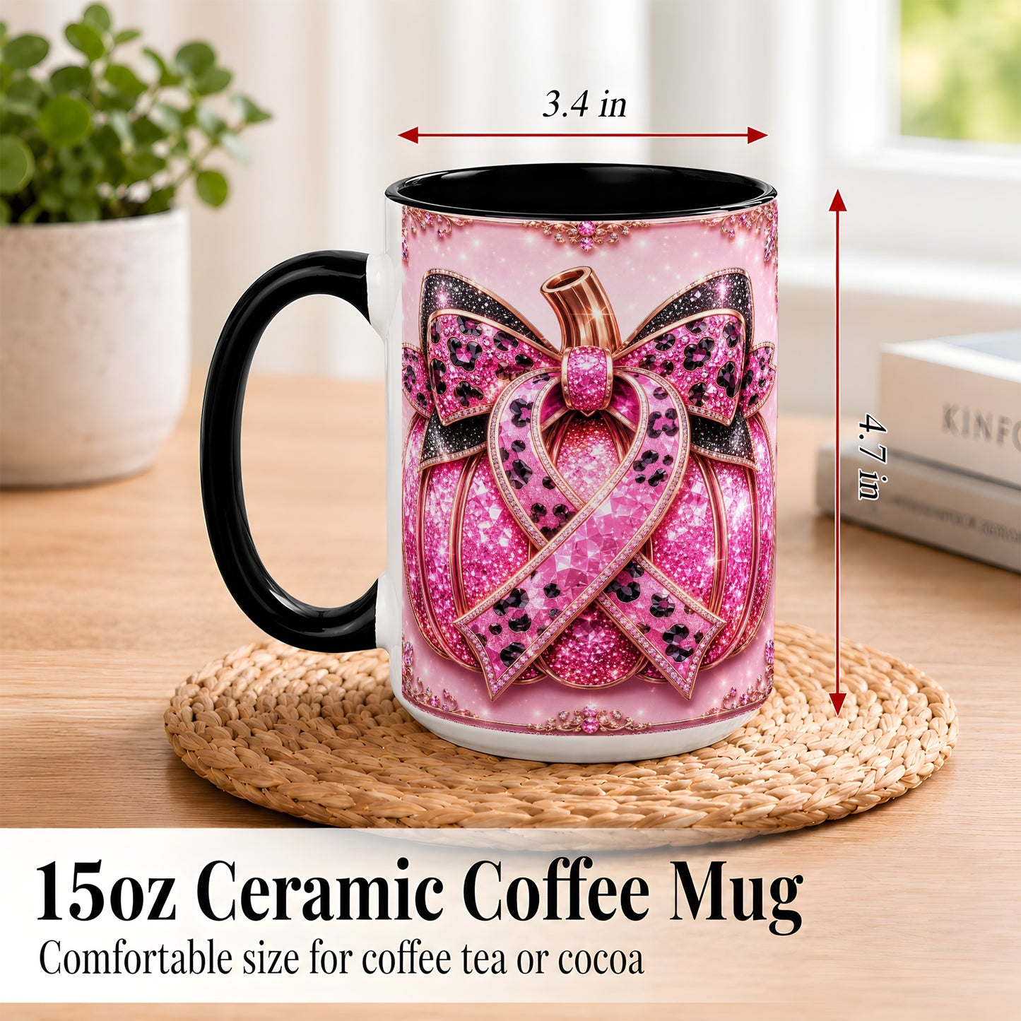 #pl[15oz|Black] Pink Ribbon Pumpkin Coffee Mug, Awareness Mug, Ceramic Cup