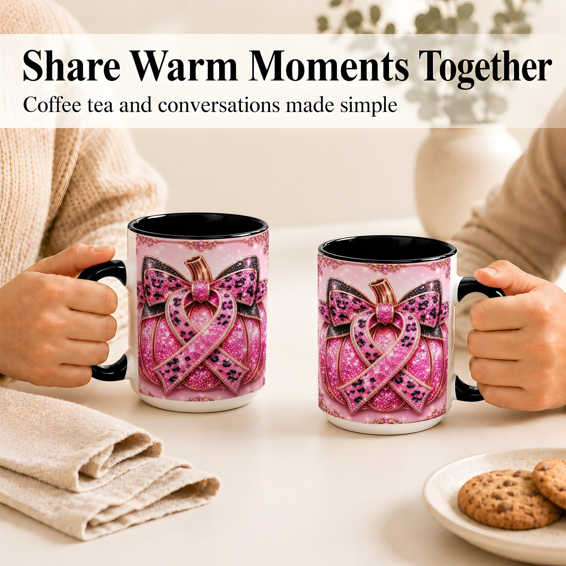 #pl[15oz|Black] Pink Ribbon Pumpkin Coffee Mug, Awareness Mug, Ceramic Cup