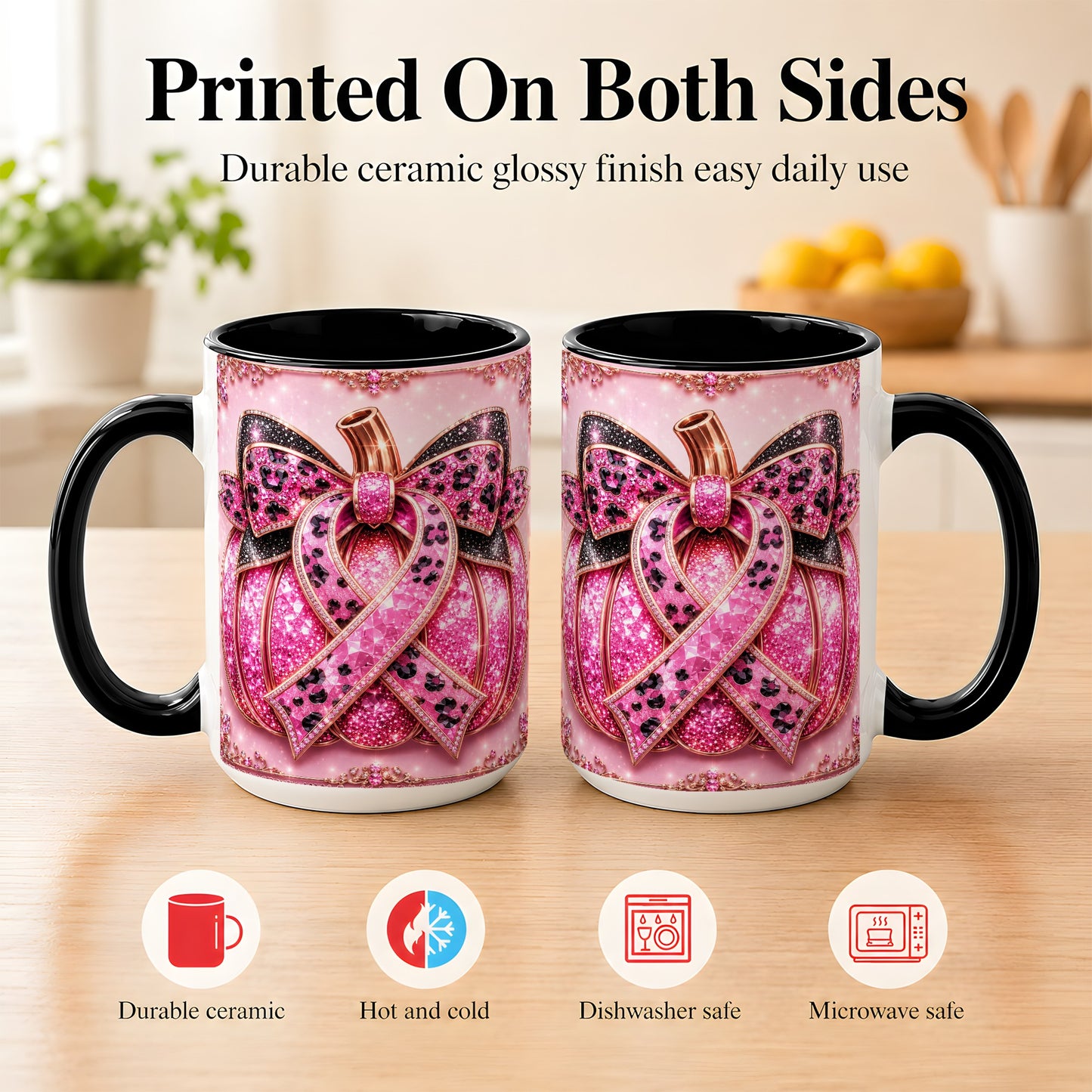 #pl[15oz|Black] Pink Ribbon Pumpkin Coffee Mug, Awareness Mug, Ceramic Cup