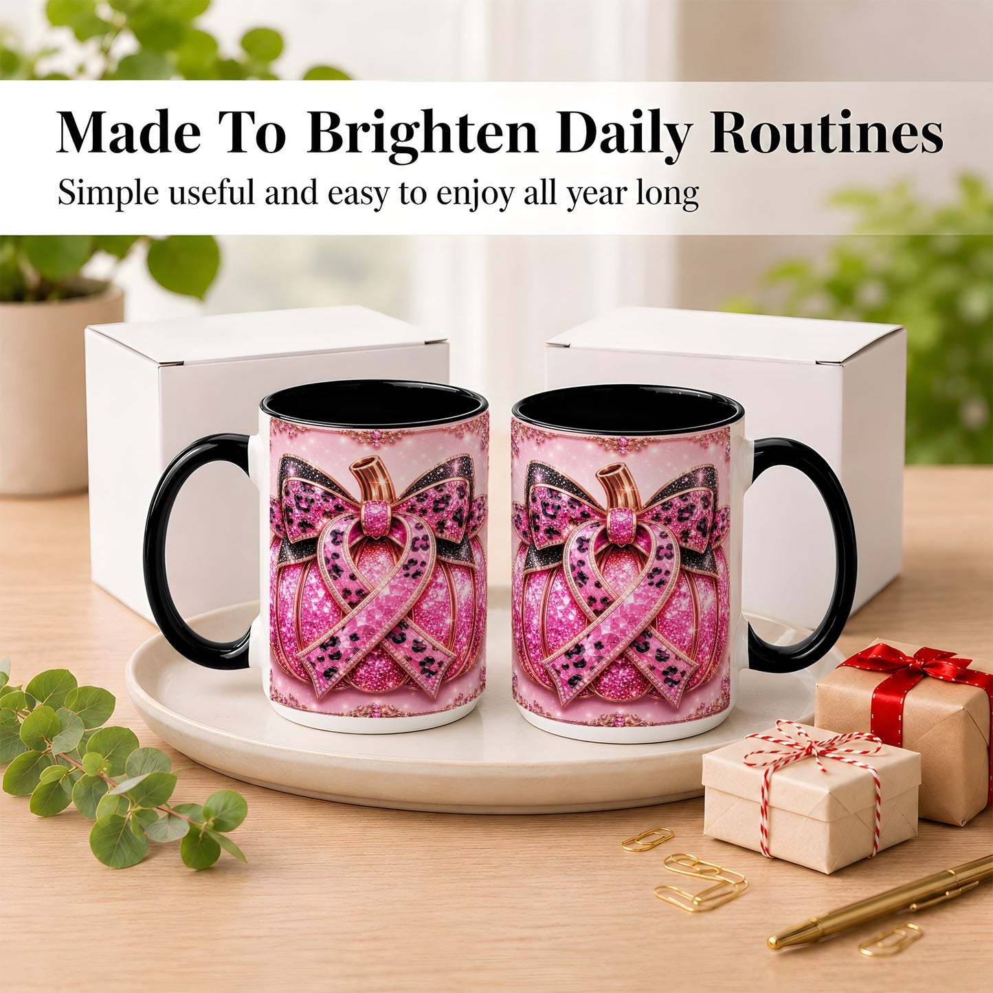 #pl[15oz|Black] Pink Ribbon Pumpkin Coffee Mug, Awareness Mug, Ceramic Cup