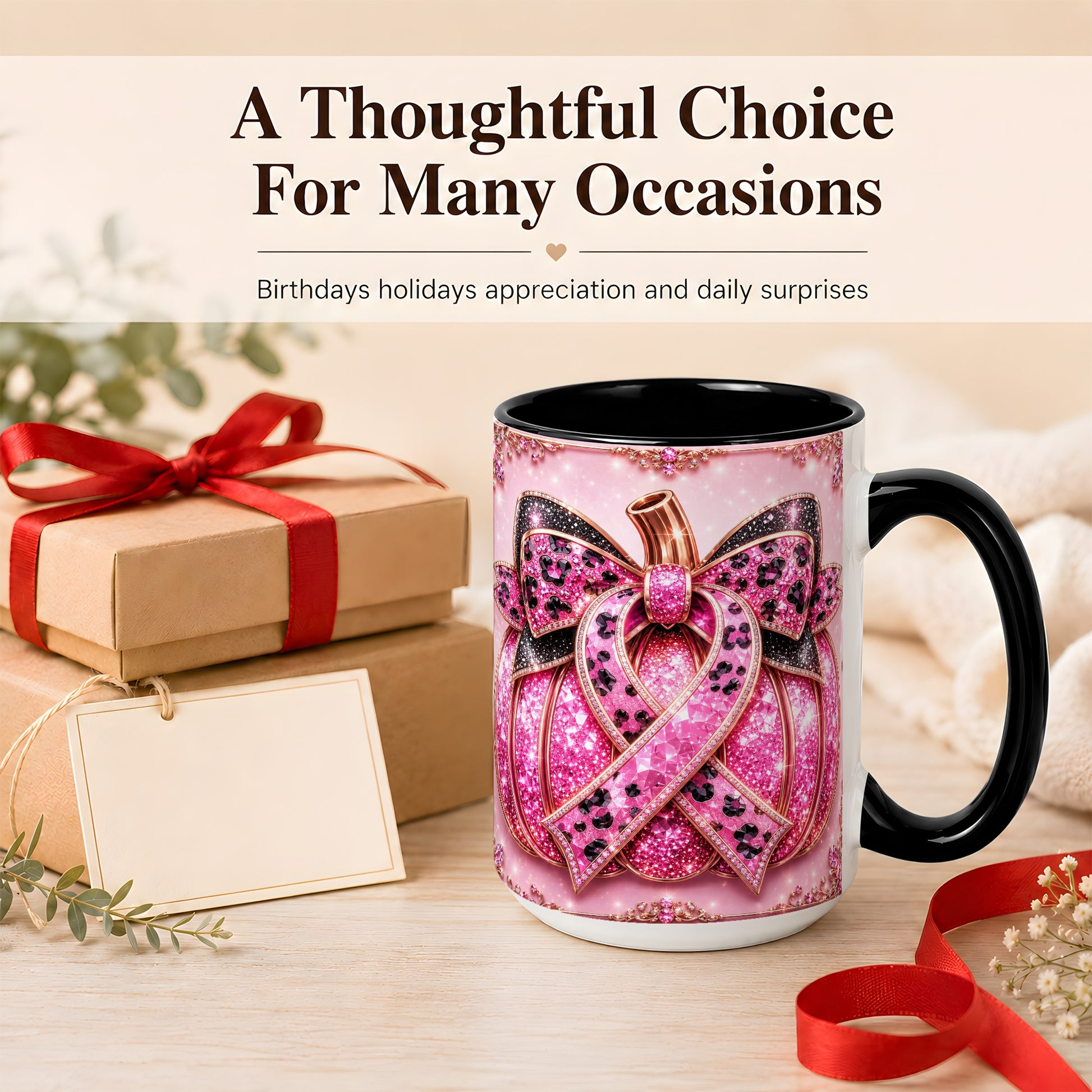 #pl[15oz|Black] Pink Ribbon Pumpkin Coffee Mug, Awareness Mug, Ceramic Cup