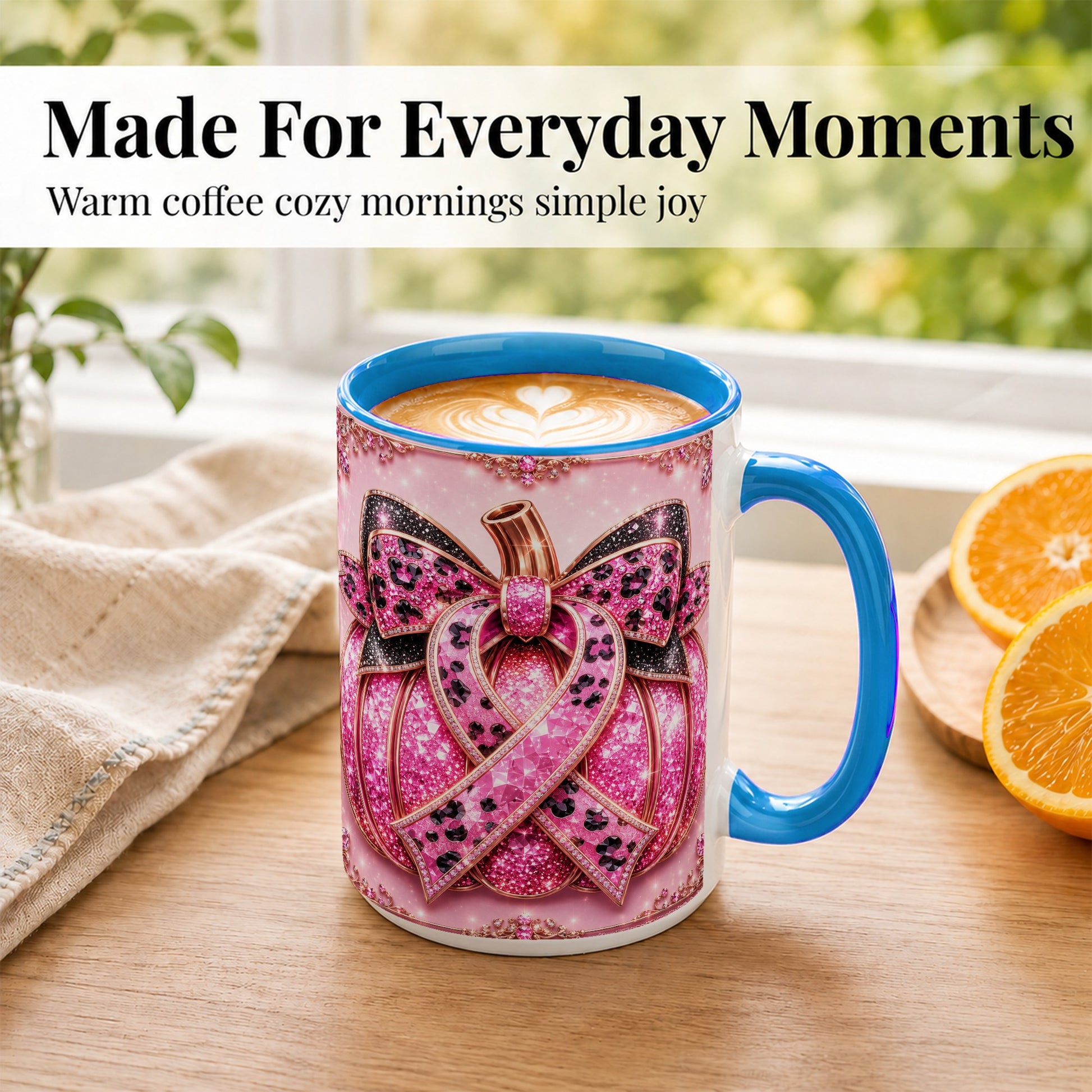 #pl[15oz|Blue] Pink Ribbon Pumpkin Coffee Mug, Awareness Mug, Ceramic Cup