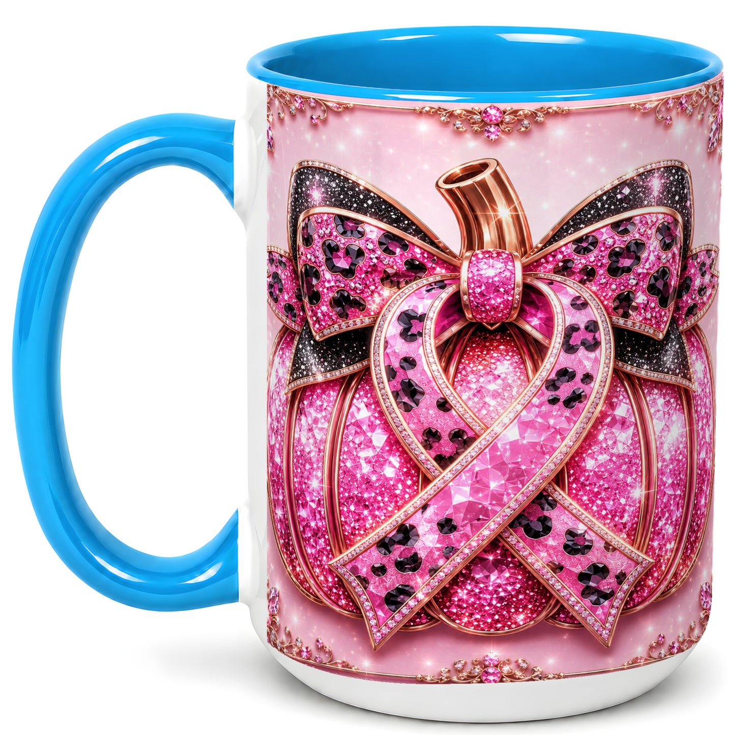 #pl[15oz|Blue] Pink Ribbon Pumpkin Coffee Mug, Awareness Mug, Ceramic Cup