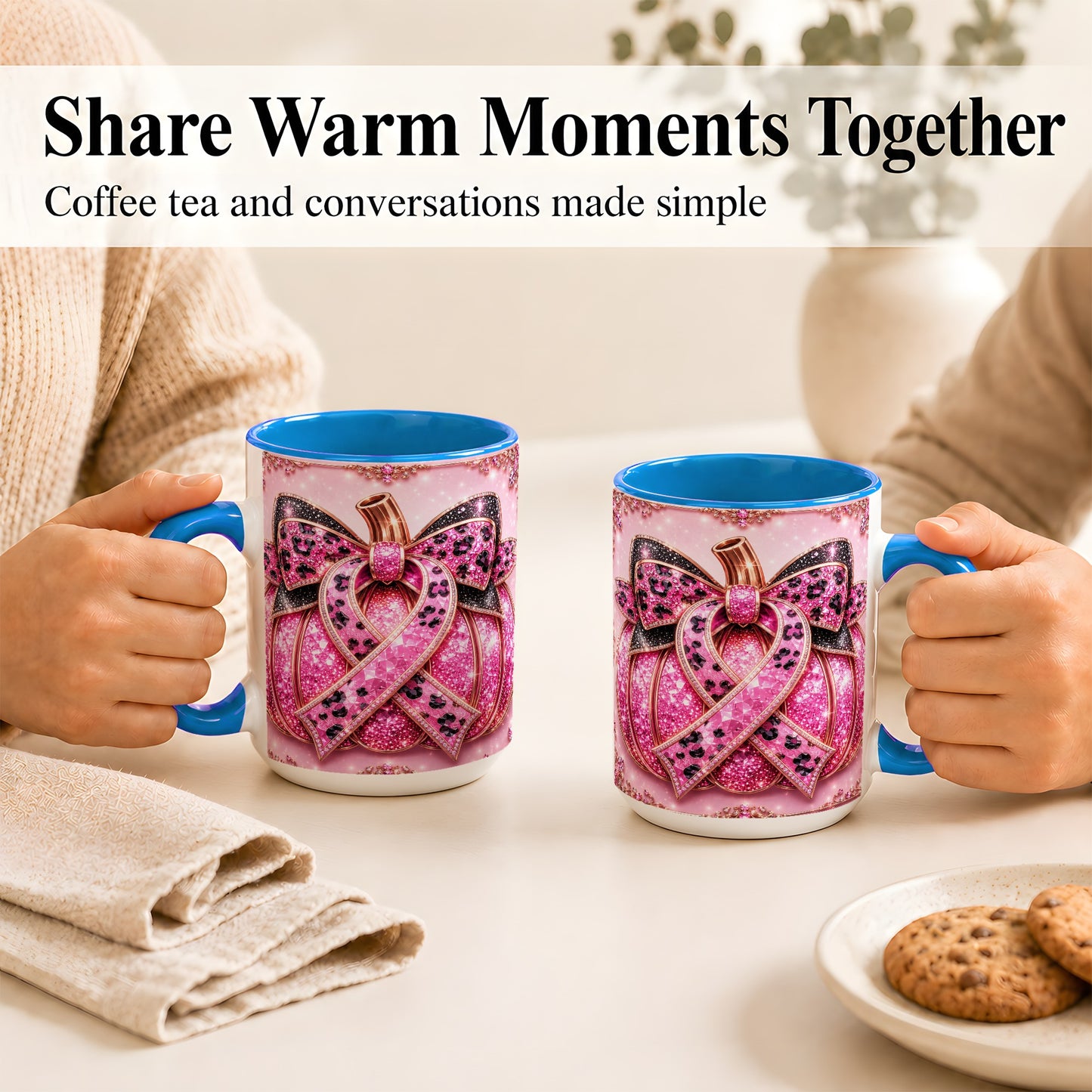 #pl[15oz|Blue] Pink Ribbon Pumpkin Coffee Mug, Awareness Mug, Ceramic Cup