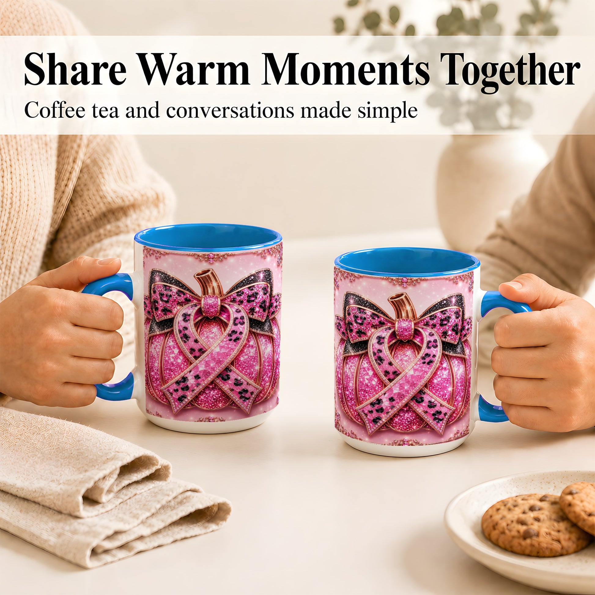 #pl[15oz|Blue] Pink Ribbon Pumpkin Coffee Mug, Awareness Mug, Ceramic Cup