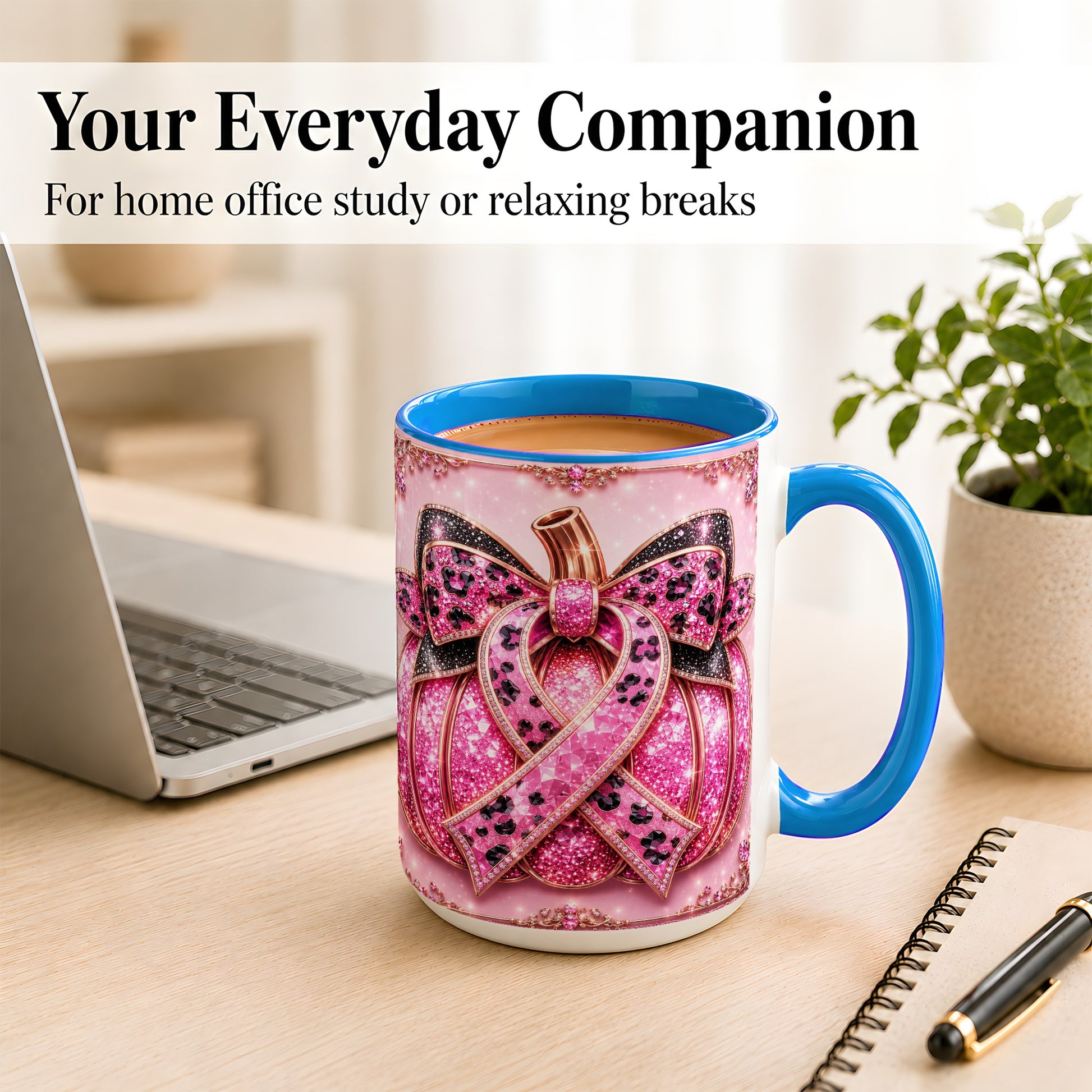 #pl[15oz|Blue] Pink Ribbon Pumpkin Coffee Mug, Awareness Mug, Ceramic Cup
