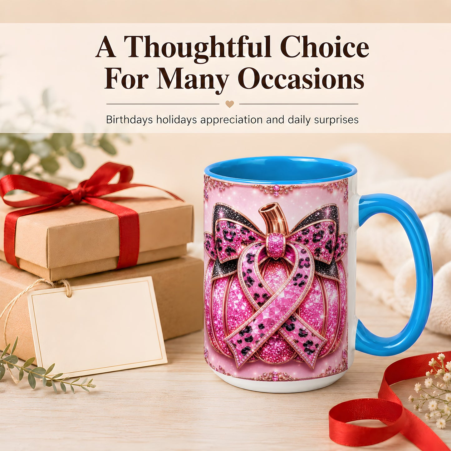 #pl[15oz|Blue] Pink Ribbon Pumpkin Coffee Mug, Awareness Mug, Ceramic Cup