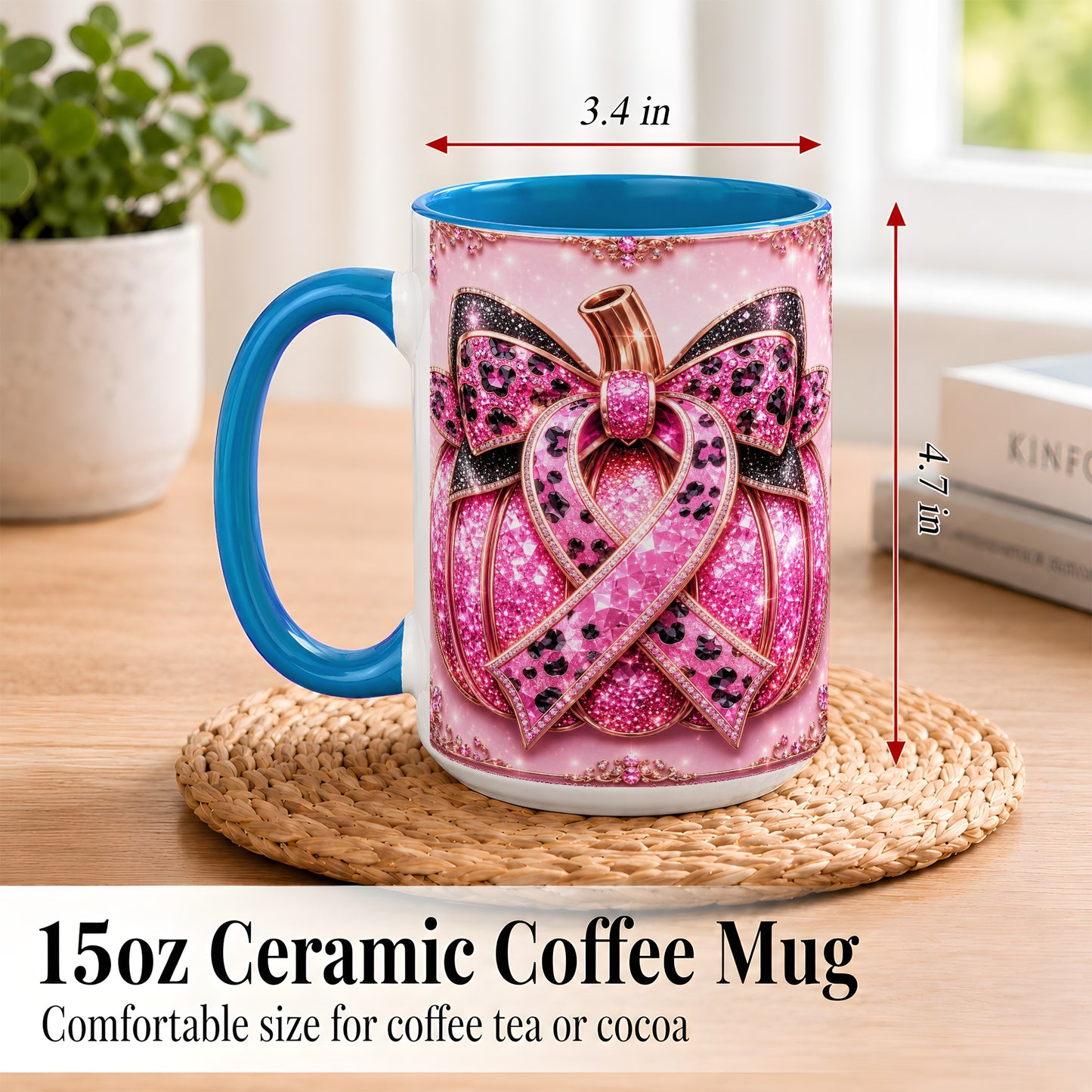 #pl[15oz|Blue] Pink Ribbon Pumpkin Coffee Mug, Awareness Mug, Ceramic Cup