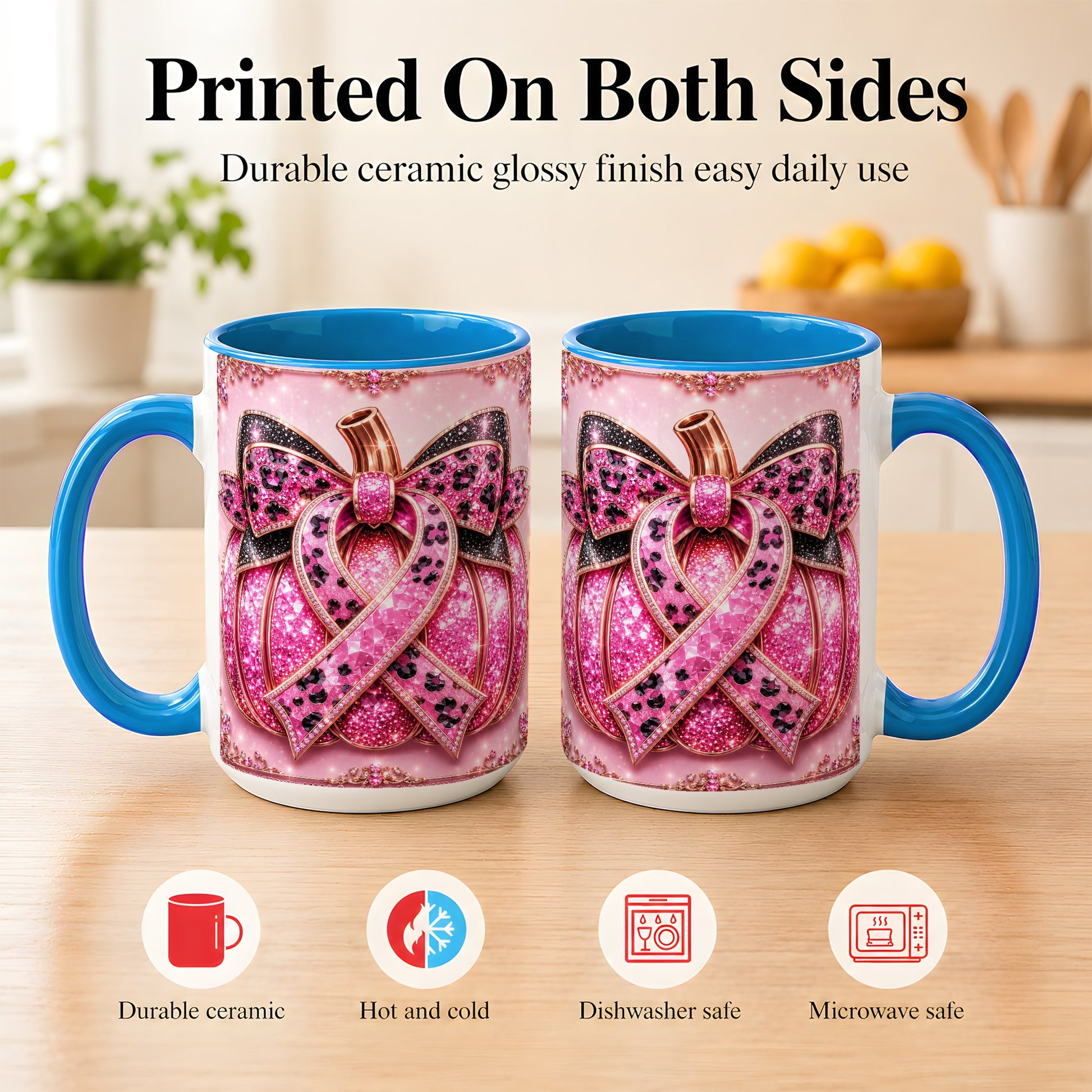 #pl[15oz|Blue] Pink Ribbon Pumpkin Coffee Mug, Awareness Mug, Ceramic Cup