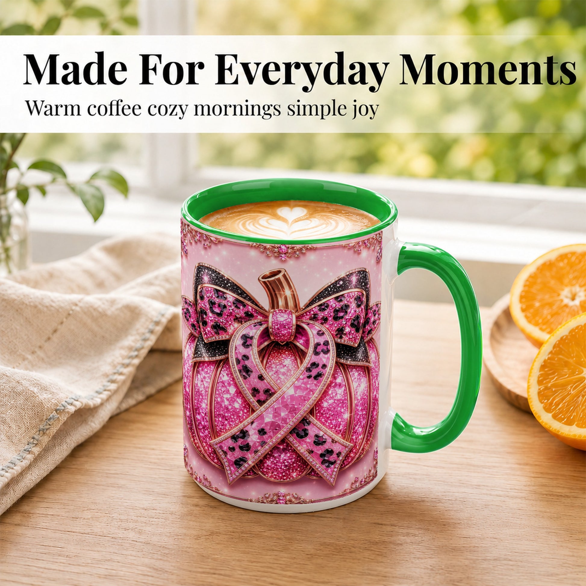 #pl[15oz|Green] Pink Ribbon Pumpkin Coffee Mug, Awareness Mug, Ceramic Cup