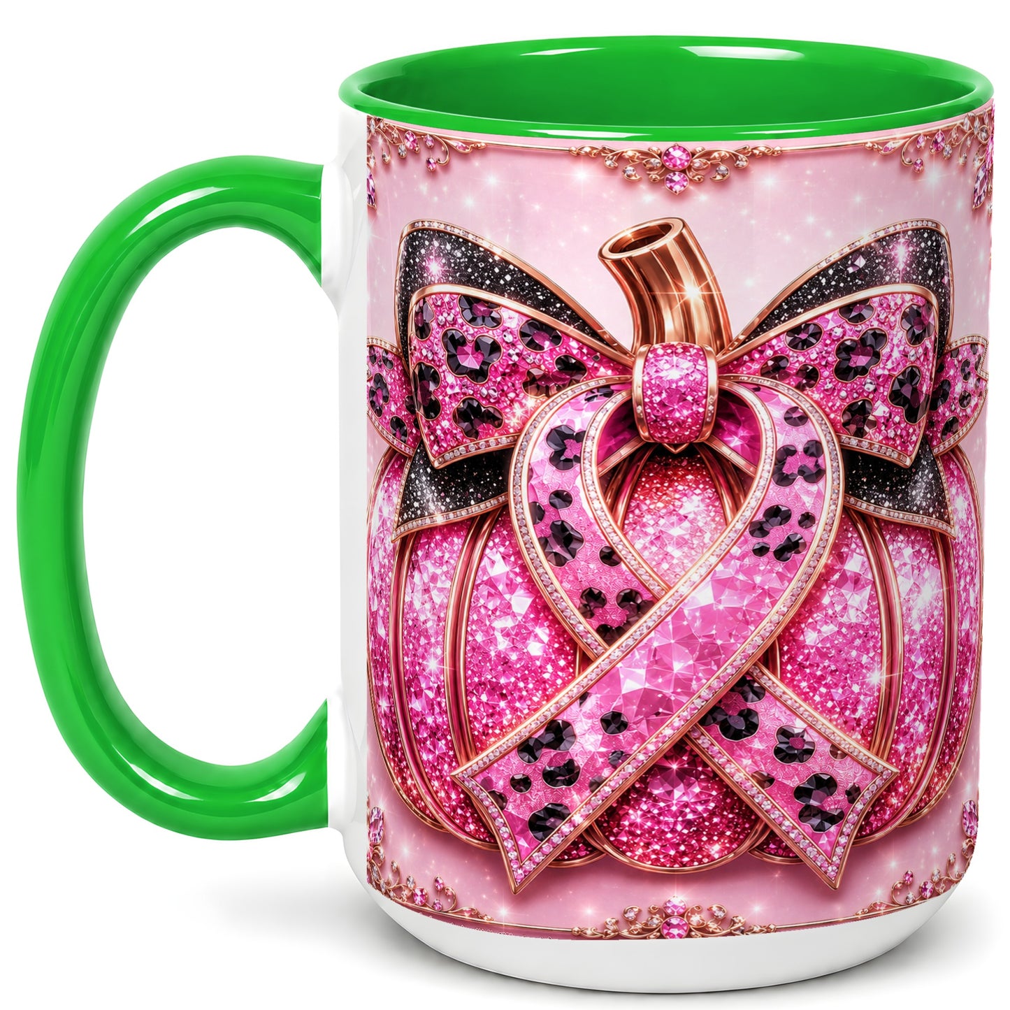 #pl[15oz|Green] Pink Ribbon Pumpkin Coffee Mug, Awareness Mug, Ceramic Cup