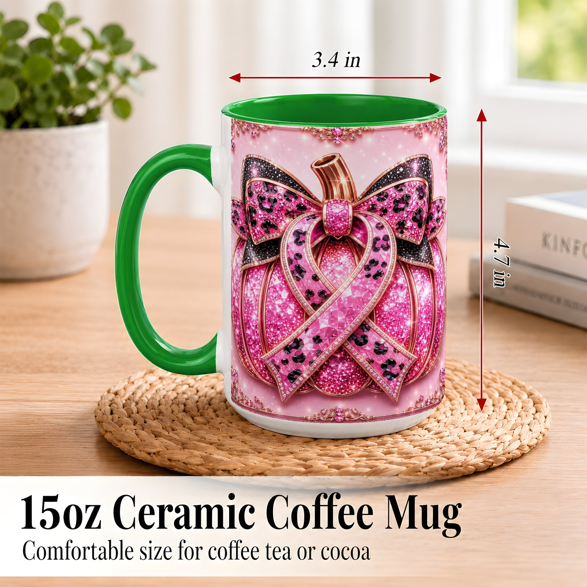 #pl[15oz|Green] Pink Ribbon Pumpkin Coffee Mug, Awareness Mug, Ceramic Cup