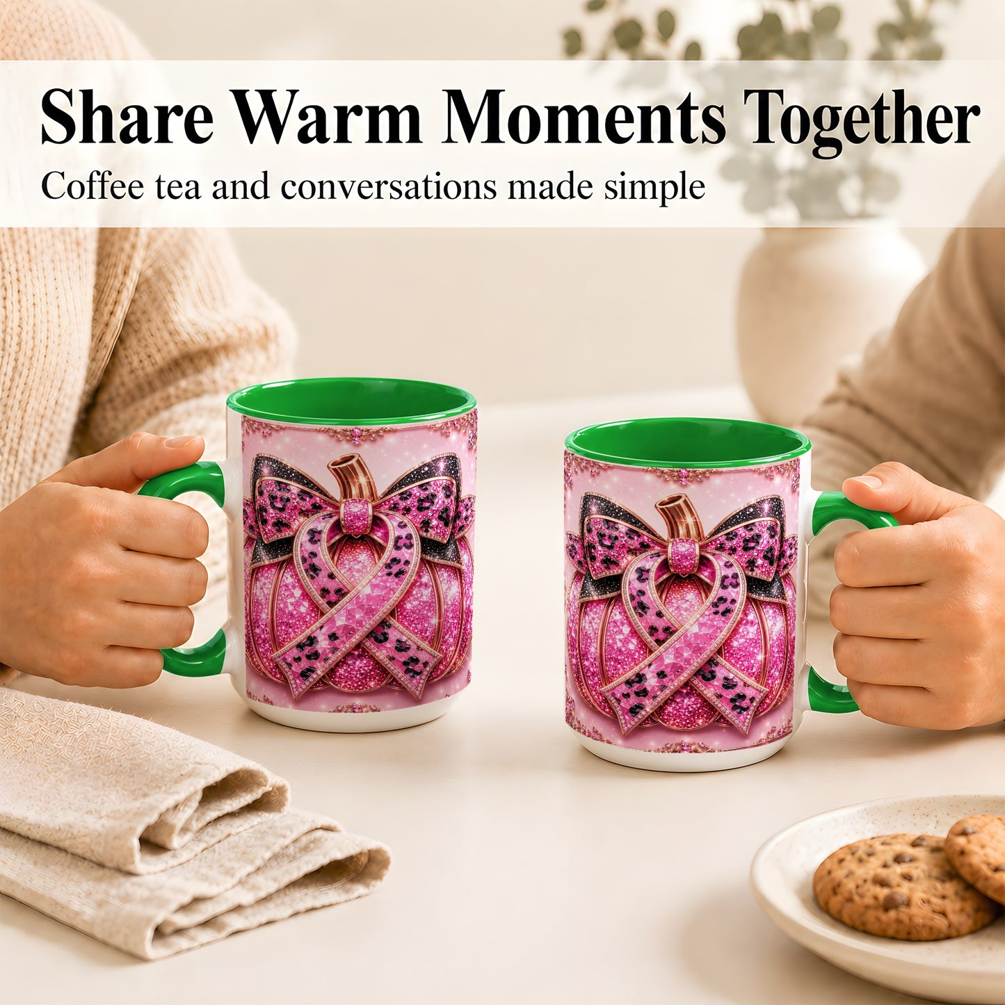 #pl[15oz|Green] Pink Ribbon Pumpkin Coffee Mug, Awareness Mug, Ceramic Cup