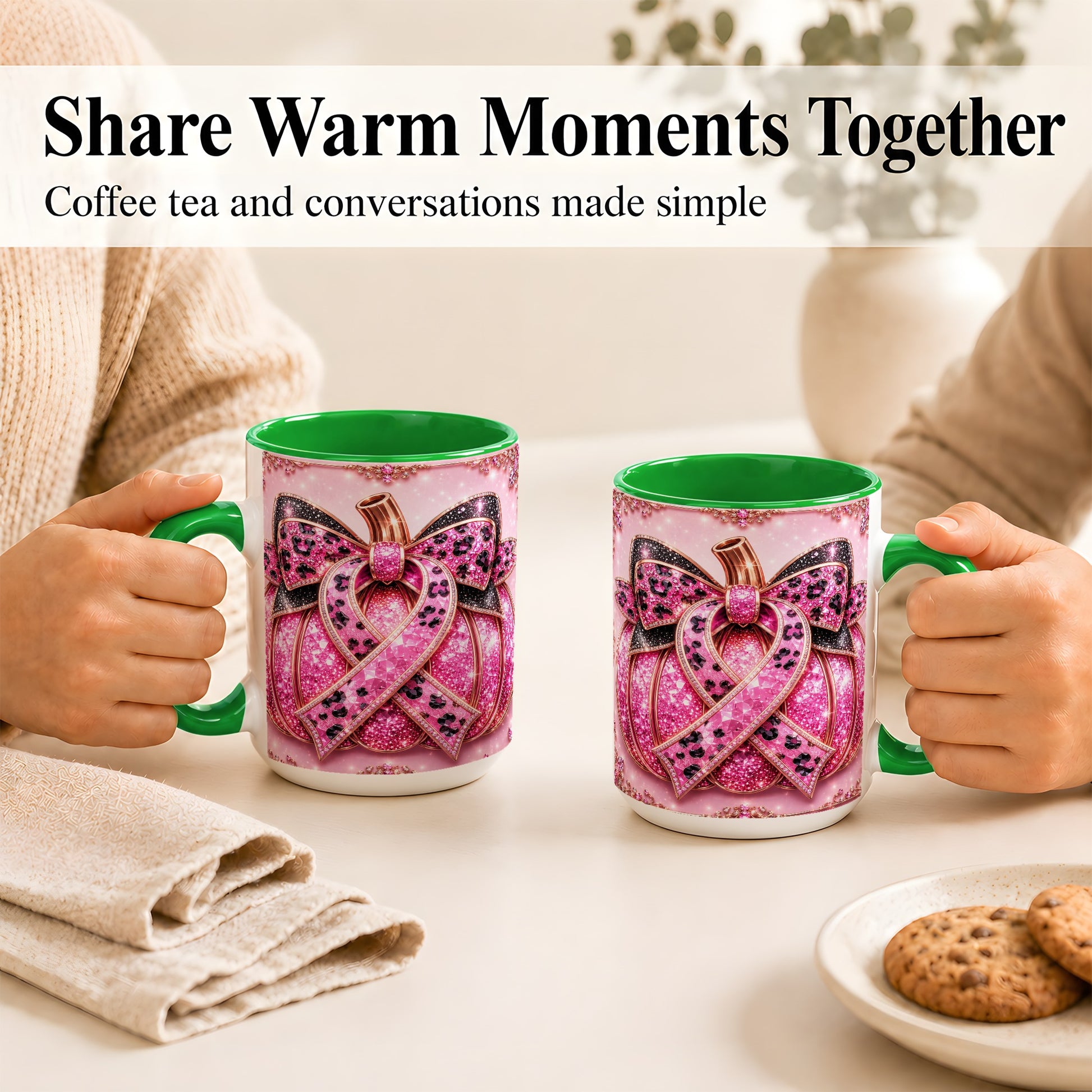 #pl[15oz|Green] Pink Ribbon Pumpkin Coffee Mug, Awareness Mug, Ceramic Cup
