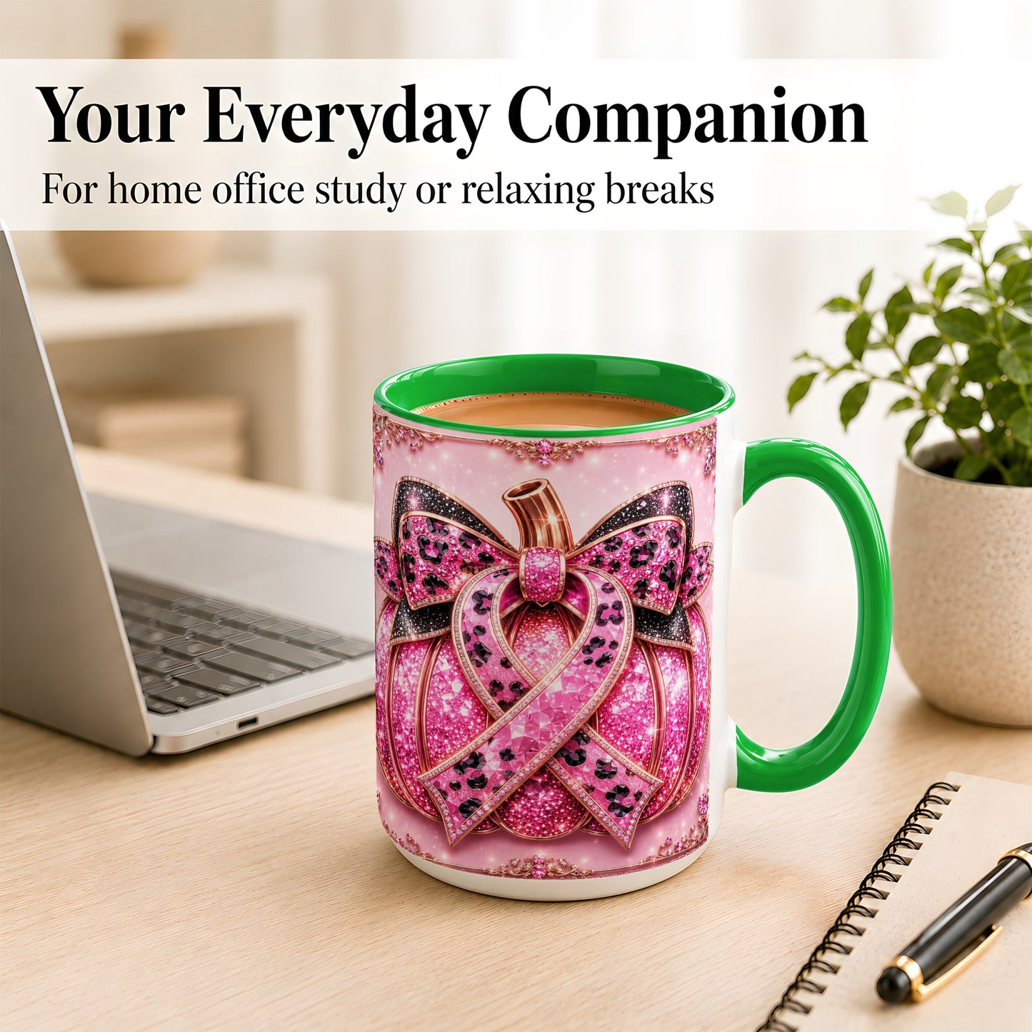 #pl[15oz|Green] Pink Ribbon Pumpkin Coffee Mug, Awareness Mug, Ceramic Cup