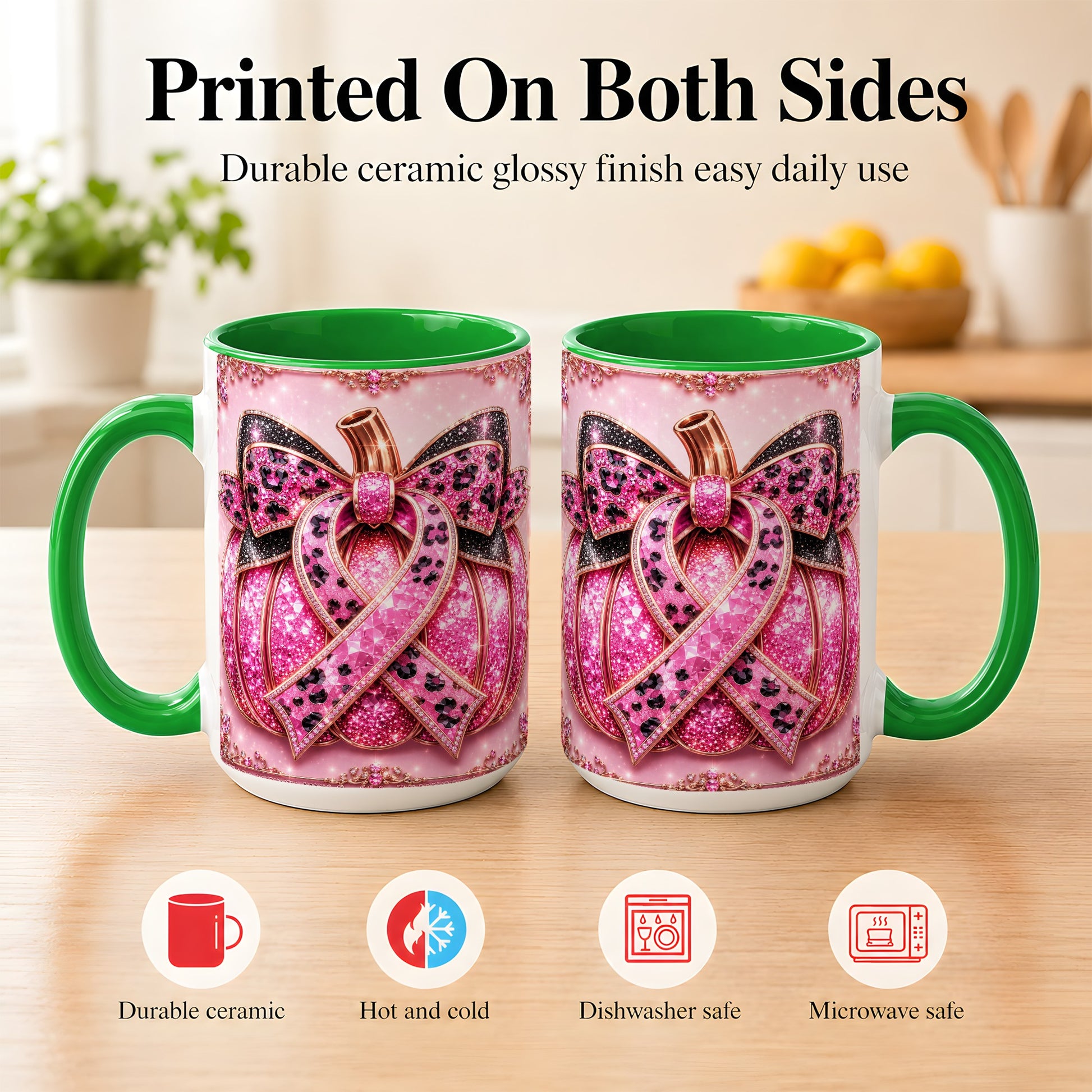 #pl[15oz|Green] Pink Ribbon Pumpkin Coffee Mug, Awareness Mug, Ceramic Cup
